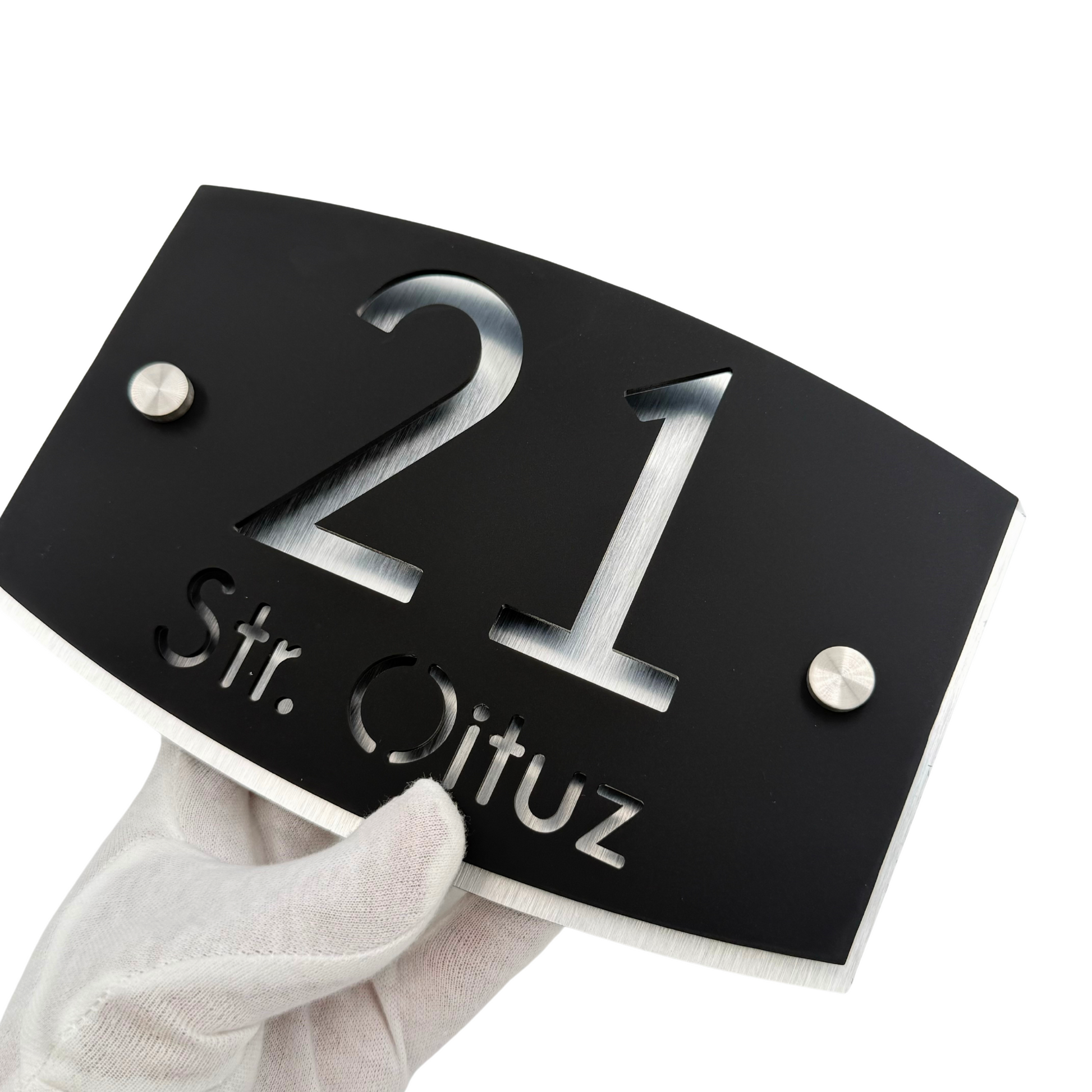 PREMIUM HOUSE NUMBER - Satin Black Aluminium Pearly 2 Spacers Silver - 20×13 cm
