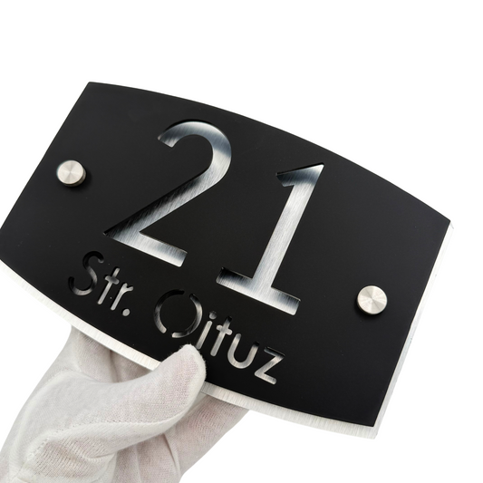 PREMIUM HOUSE NUMBER - Satin Black Aluminium Pearly 2 Spacers Silver - 20×13 cm