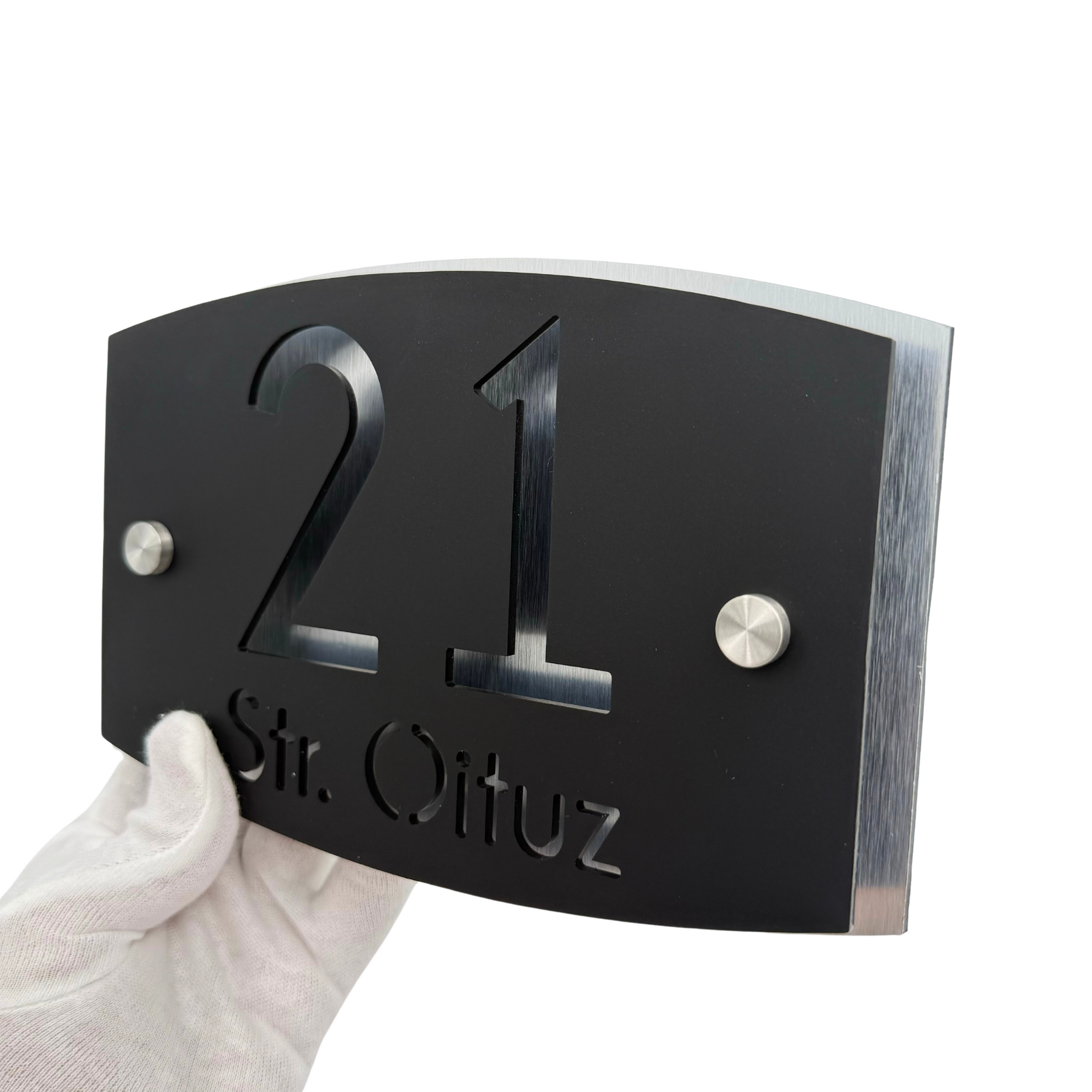 PREMIUM HOUSE NUMBER - Satin Black Aluminium Pearly 2 Spacers Silver - 20×13 cm