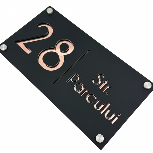 PREMIUM HOUSE NUMBER - Satin Black Rose Gold Mirror 4 Spacers Silver - 28×15 cm