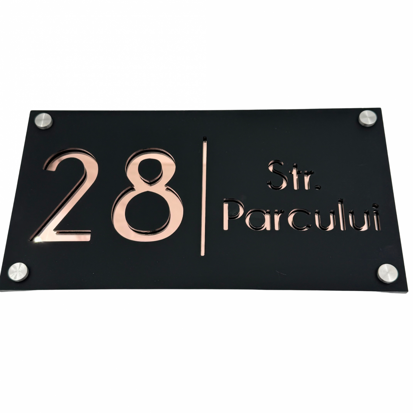 PREMIUM HOUSE NUMBER - Satin Black Rose Gold Mirror 4 Spacers Silver - 28×15 cm