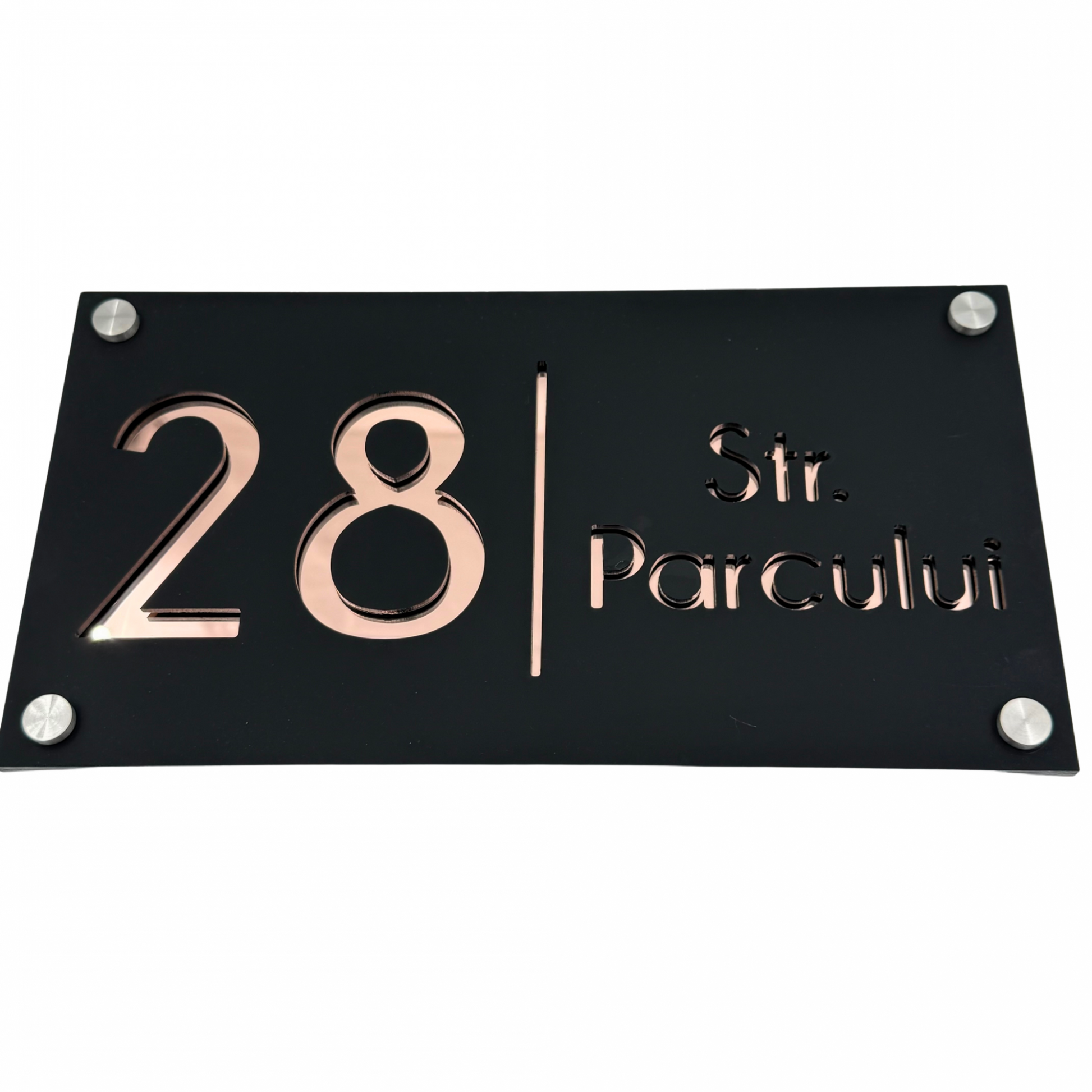 PREMIUM HOUSE NUMBER - Satin Black Rose Gold Mirror 4 Spacers Silver - 28×15 cm