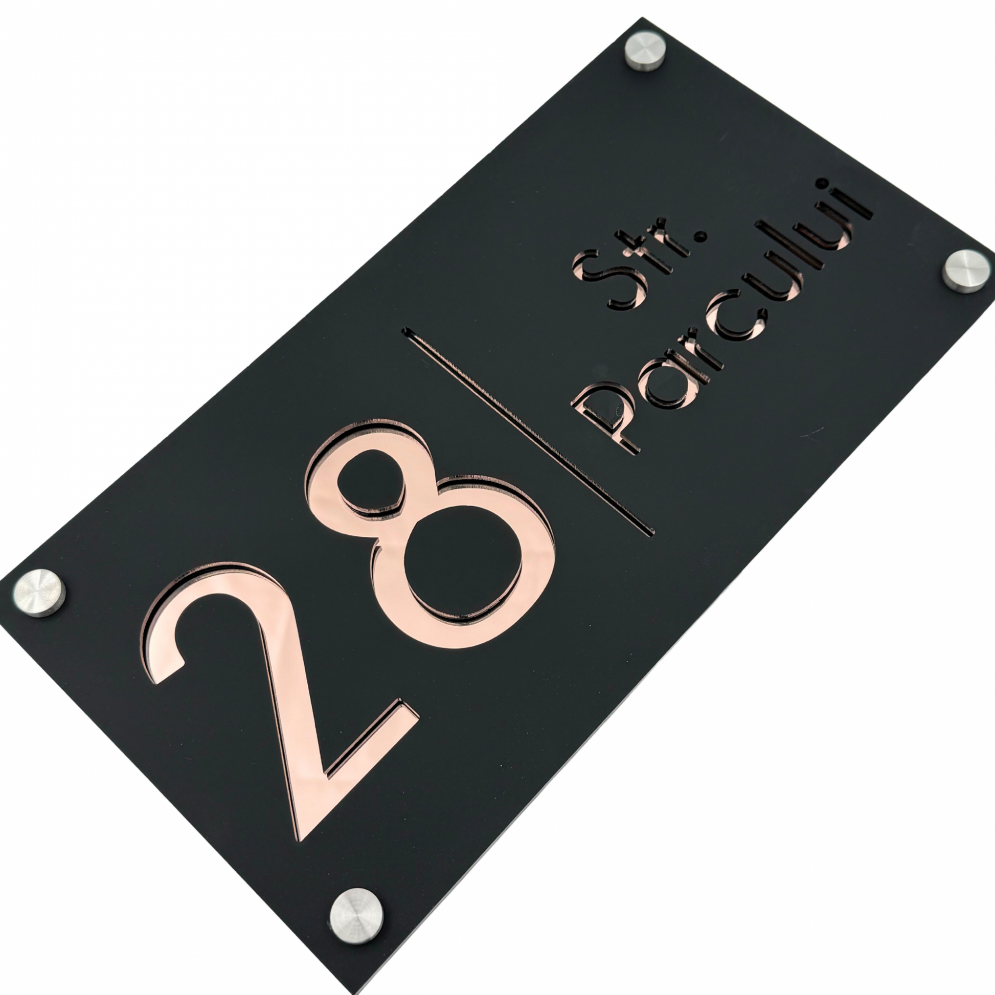 PREMIUM HOUSE NUMBER - Satin Black Rose Gold Mirror 4 Spacers Silver - 28×15 cm