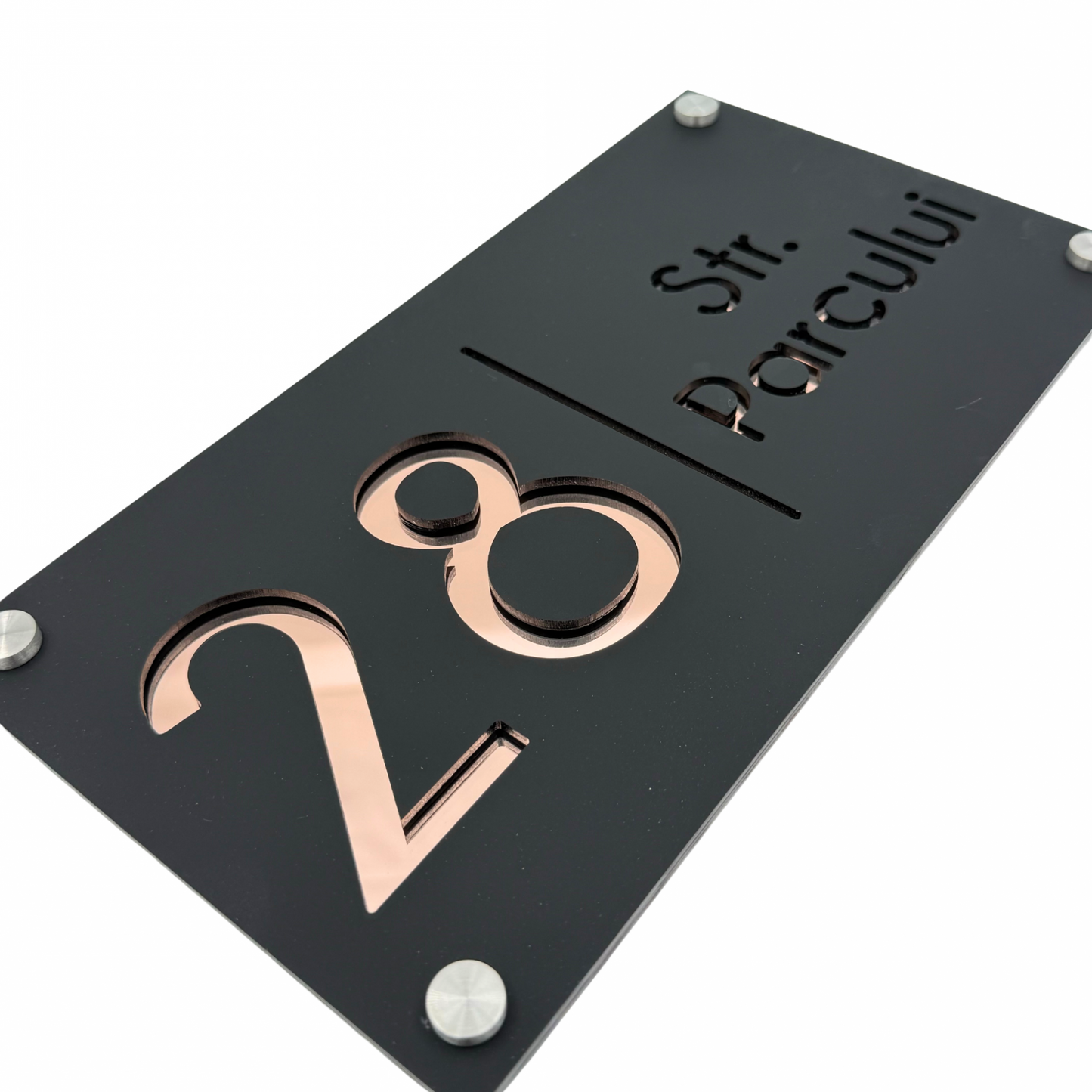 PREMIUM HOUSE NUMBER - Satin Black Rose Gold Mirror 4 Spacers Silver - 28×15 cm