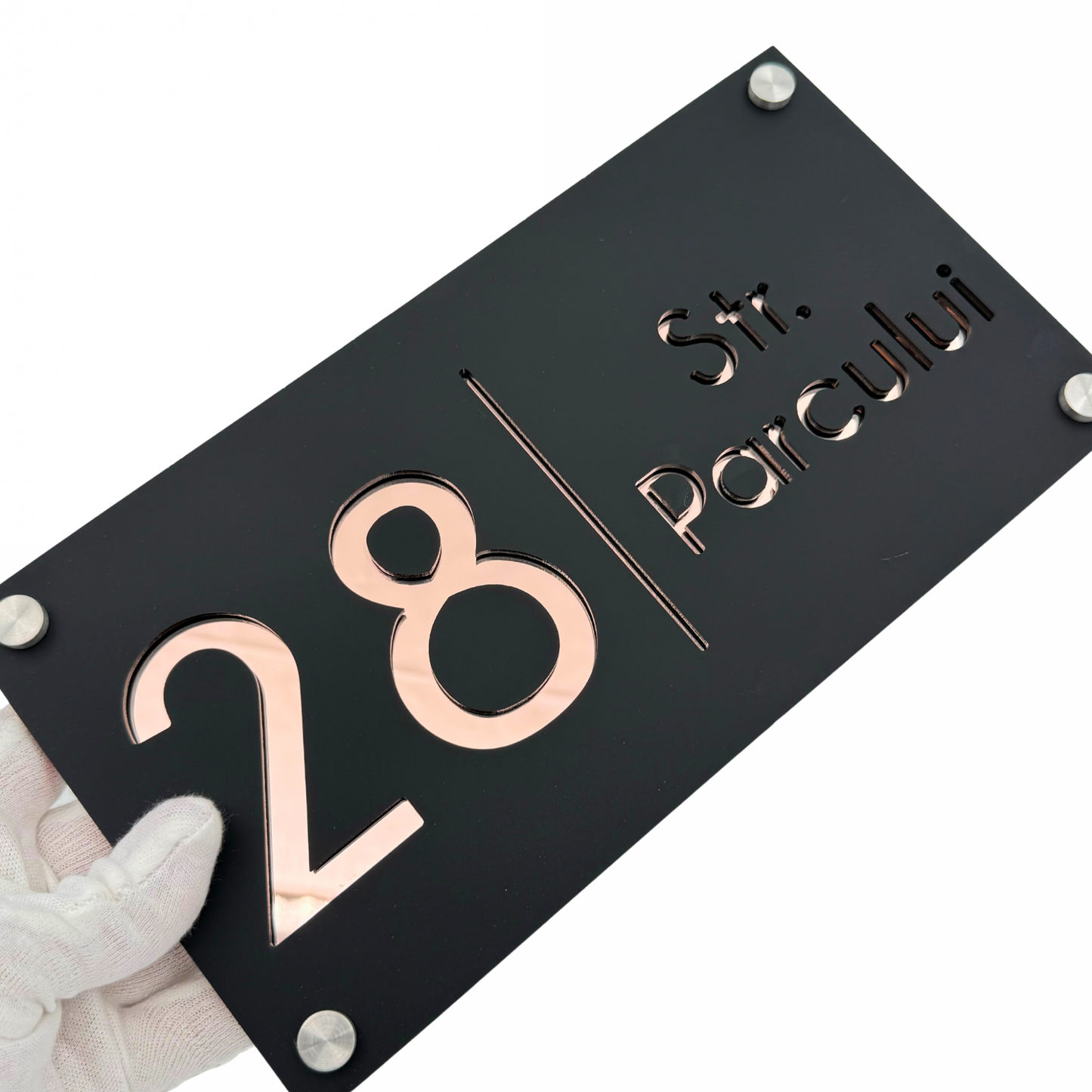 PREMIUM HOUSE NUMBER - Satin Black Rose Gold Mirror 4 Spacers Silver - 28×15 cm
