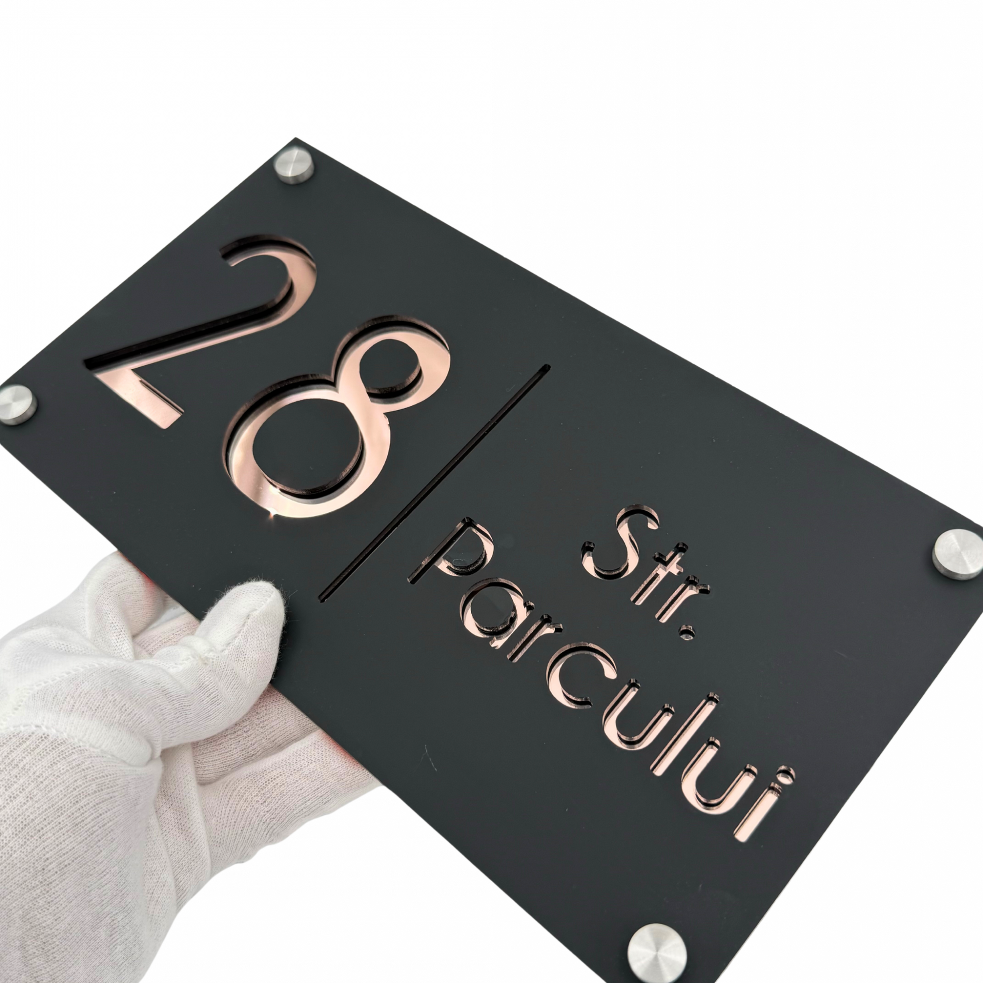 PREMIUM HOUSE NUMBER - Satin Black Rose Gold Mirror 4 Spacers Silver - 28×15 cm