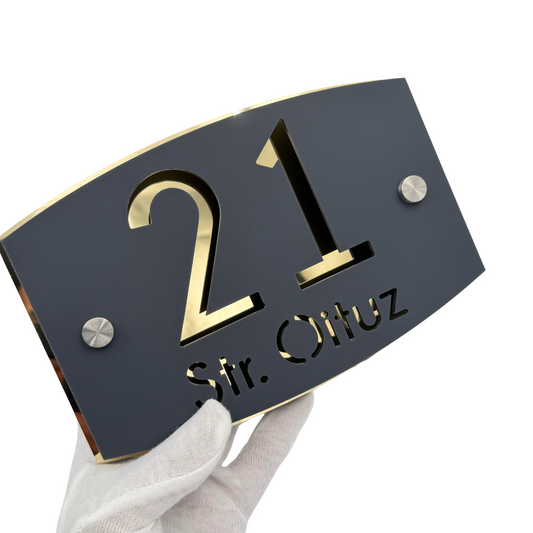PREMIUM HOUSE NUMBER - Satin Grey Aluminium Gold Mirror 2 Spacers Silver - 20×13 cm
