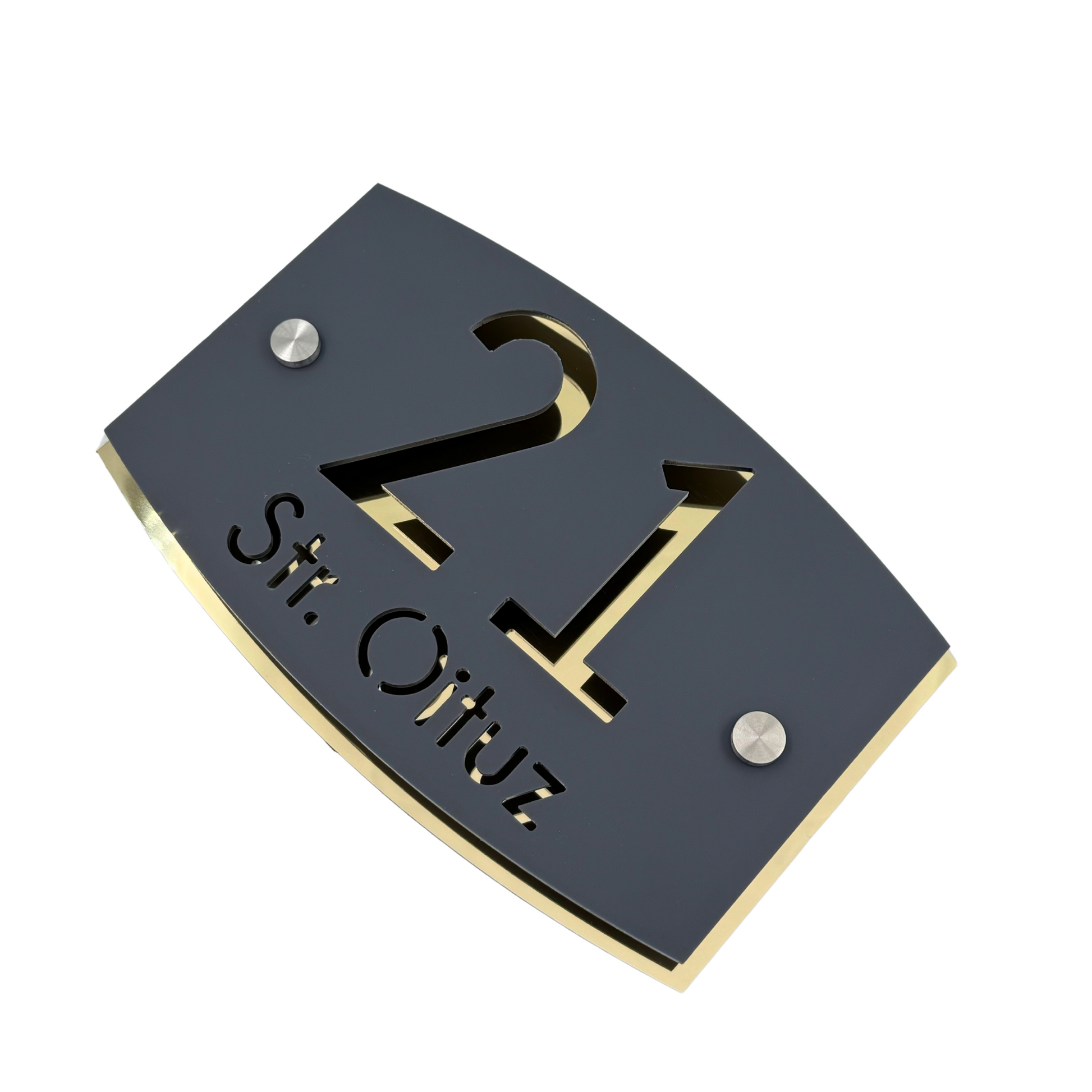PREMIUM HOUSE NUMBER - Satin Grey Aluminium Gold Mirror 2 Spacers Silver - 20×13 cm