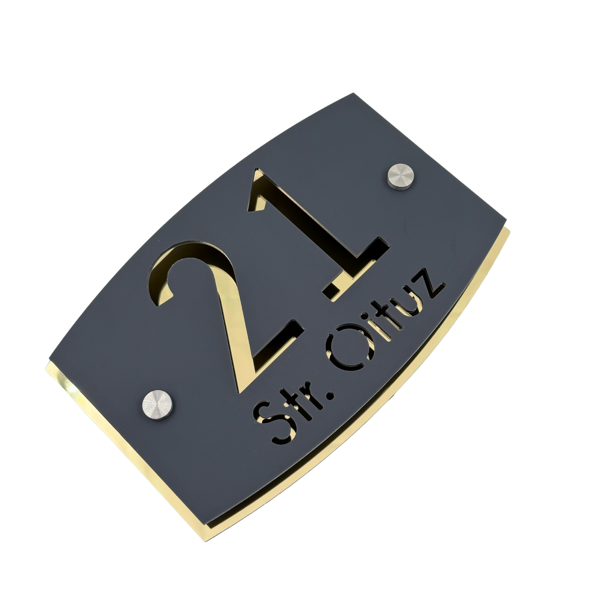 PREMIUM HOUSE NUMBER - Satin Grey Aluminium Gold Mirror 2 Spacers Silver - 20×13 cm