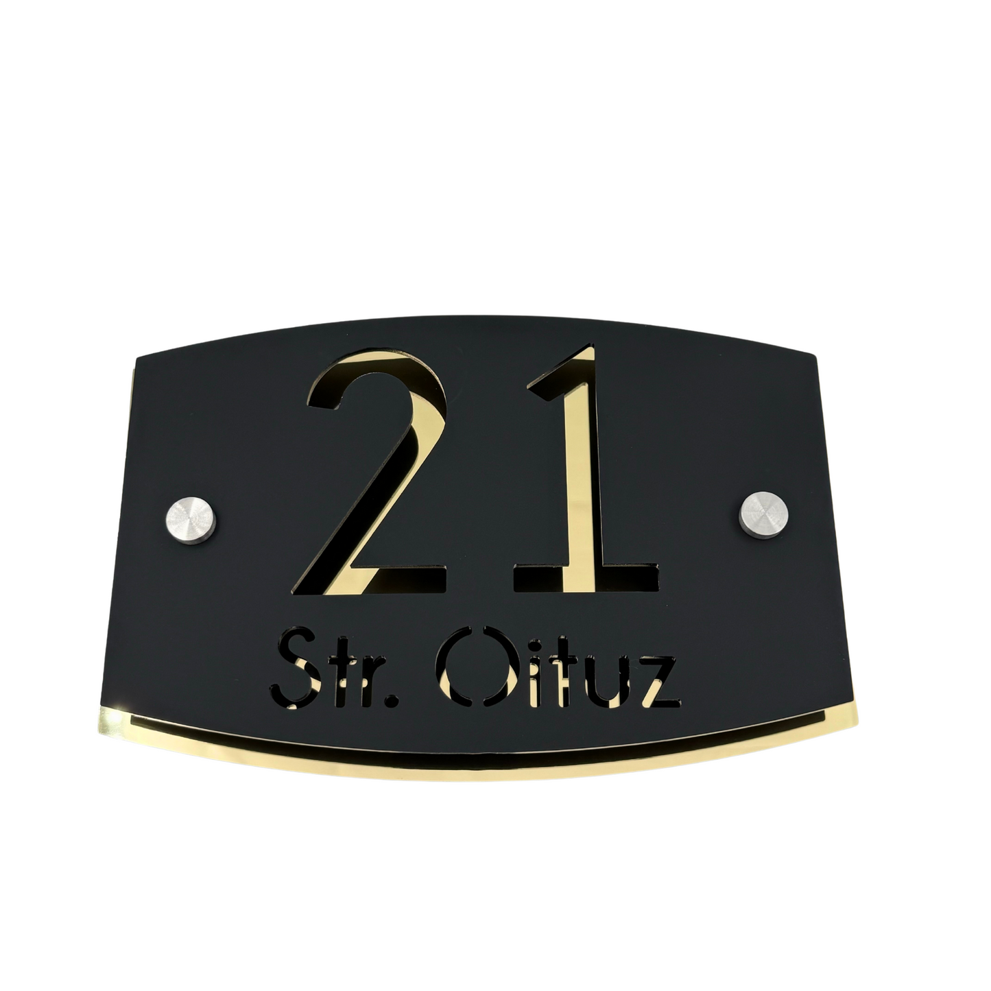 PREMIUM HOUSE NUMBER - Satin Black Aluminium Gold Mirror 2 Spacers Silver - 20×13 cm
