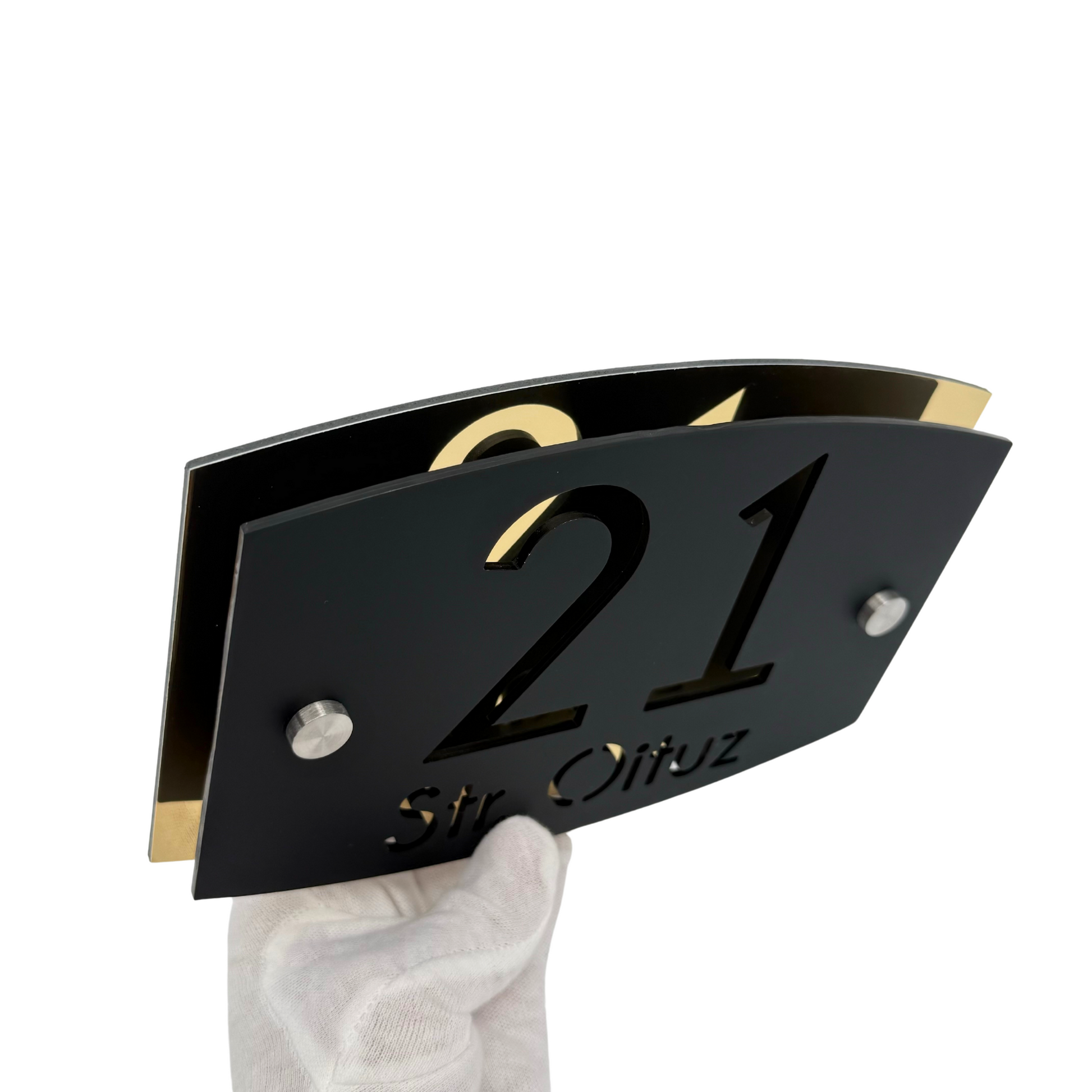 PREMIUM HOUSE NUMBER - Satin Black Aluminium Gold Mirror 2 Spacers Silver - 20×13 cm