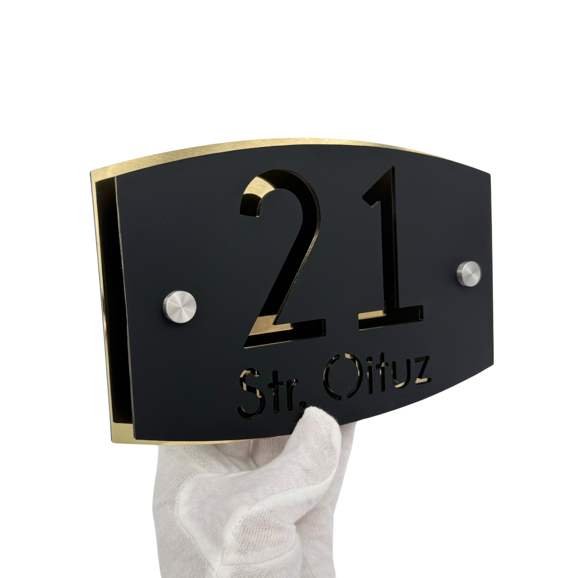 PREMIUM HOUSE NUMBER - Satin Black Aluminium Gold Mirror 2 Spacers Silver - 20×13 cm