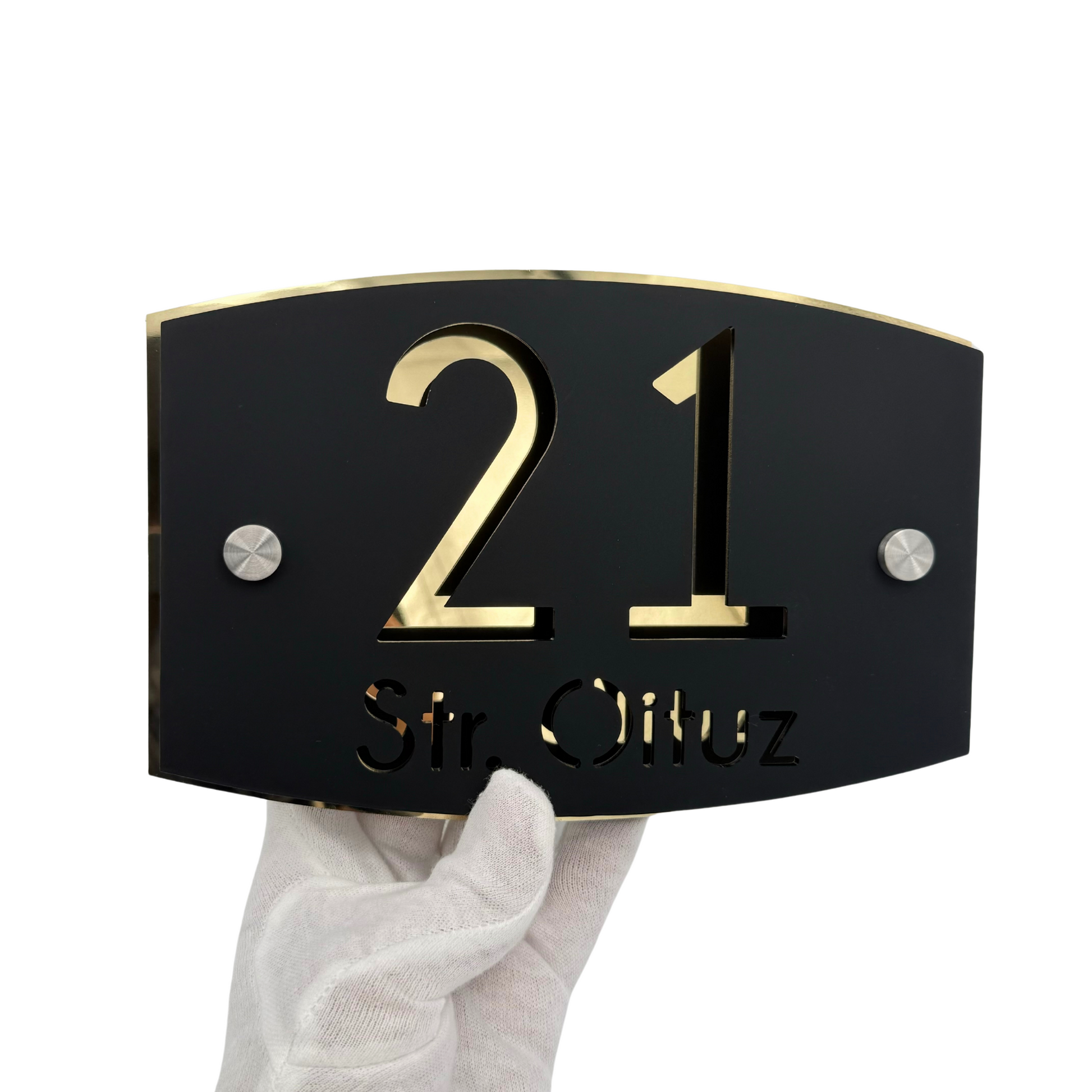 PREMIUM HOUSE NUMBER - Satin Black Aluminium Gold Mirror 2 Spacers Silver - 20×13 cm