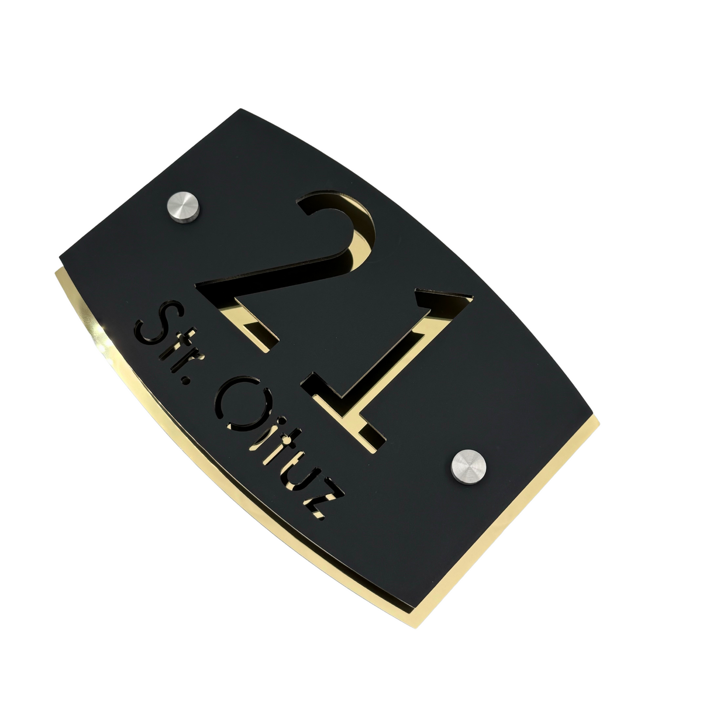PREMIUM HOUSE NUMBER - Satin Black Aluminium Gold Mirror 2 Spacers Silver - 20×13 cm
