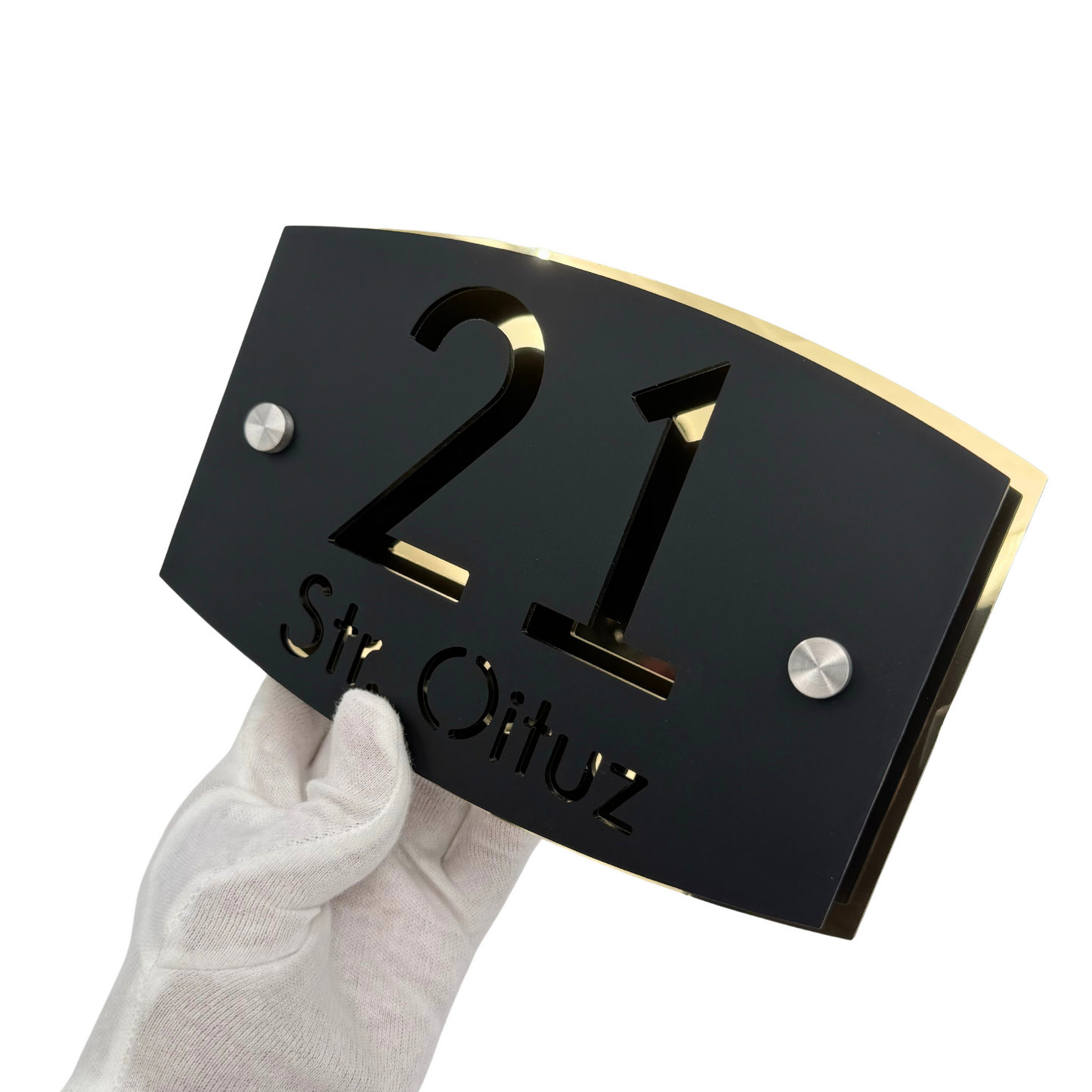 PREMIUM HOUSE NUMBER - Satin Black Aluminium Gold Mirror 2 Spacers Silver - 20×13 cm