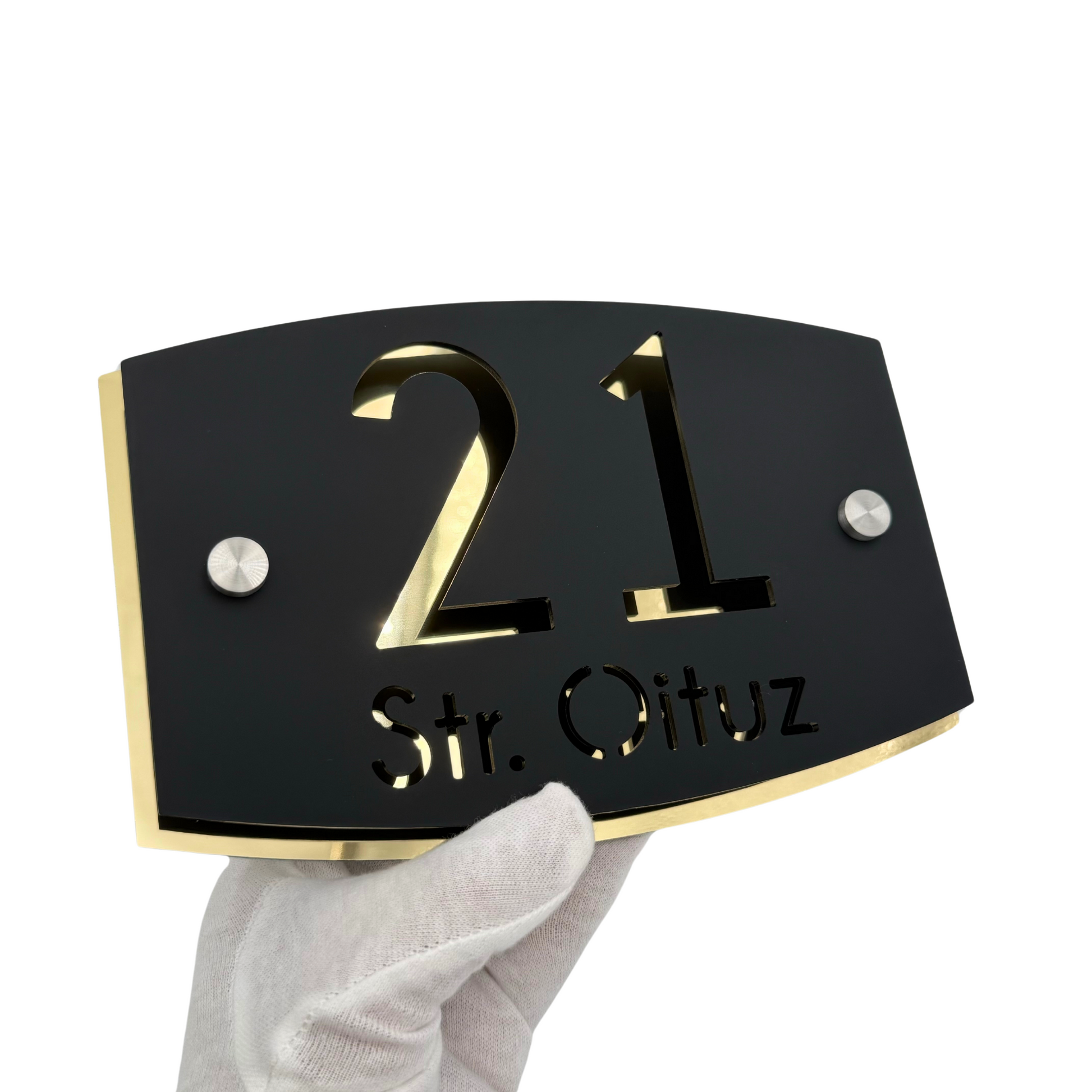 PREMIUM HOUSE NUMBER - Satin Black Aluminium Gold Mirror 2 Spacers Silver - 20×13 cm