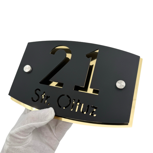 PREMIUM HOUSE NUMBER - Satin Black Aluminium Gold Mirror 2 Spacers Silver - 20×13 cm