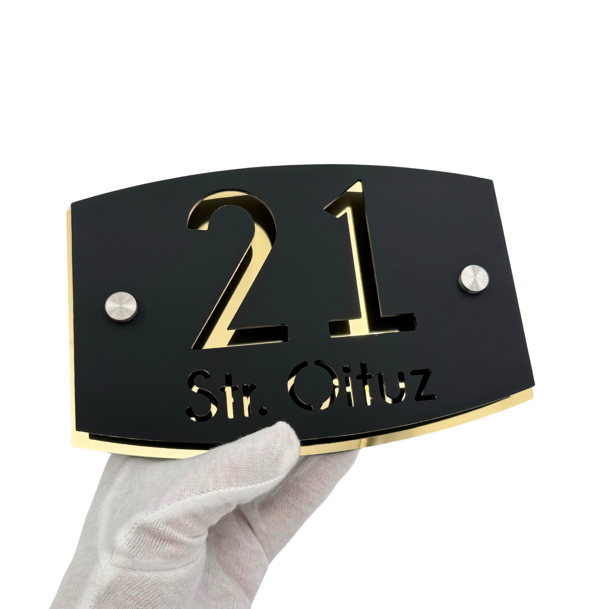 PREMIUM HOUSE NUMBER - Satin Black Aluminium Gold Mirror 2 Spacers Silver - 20×13 cm