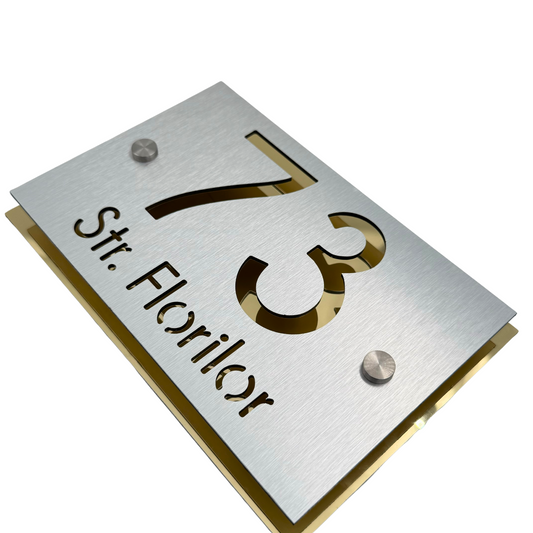 PREMIUM HOUSE NUMBER - Aluminium Pearly Aluminium Gold Mirror 2 Spacers Silver - 20×13 cm