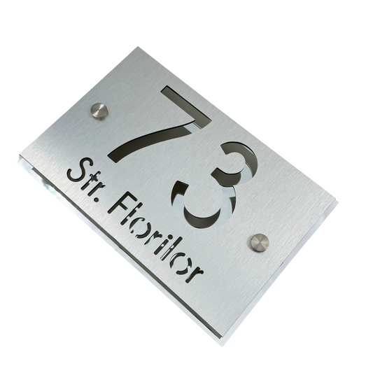 PREMIUM HOUSE NUMBER - Aluminium Pearly Aluminium Silver Mirror 2 Spacers Silver - 20×13 cm