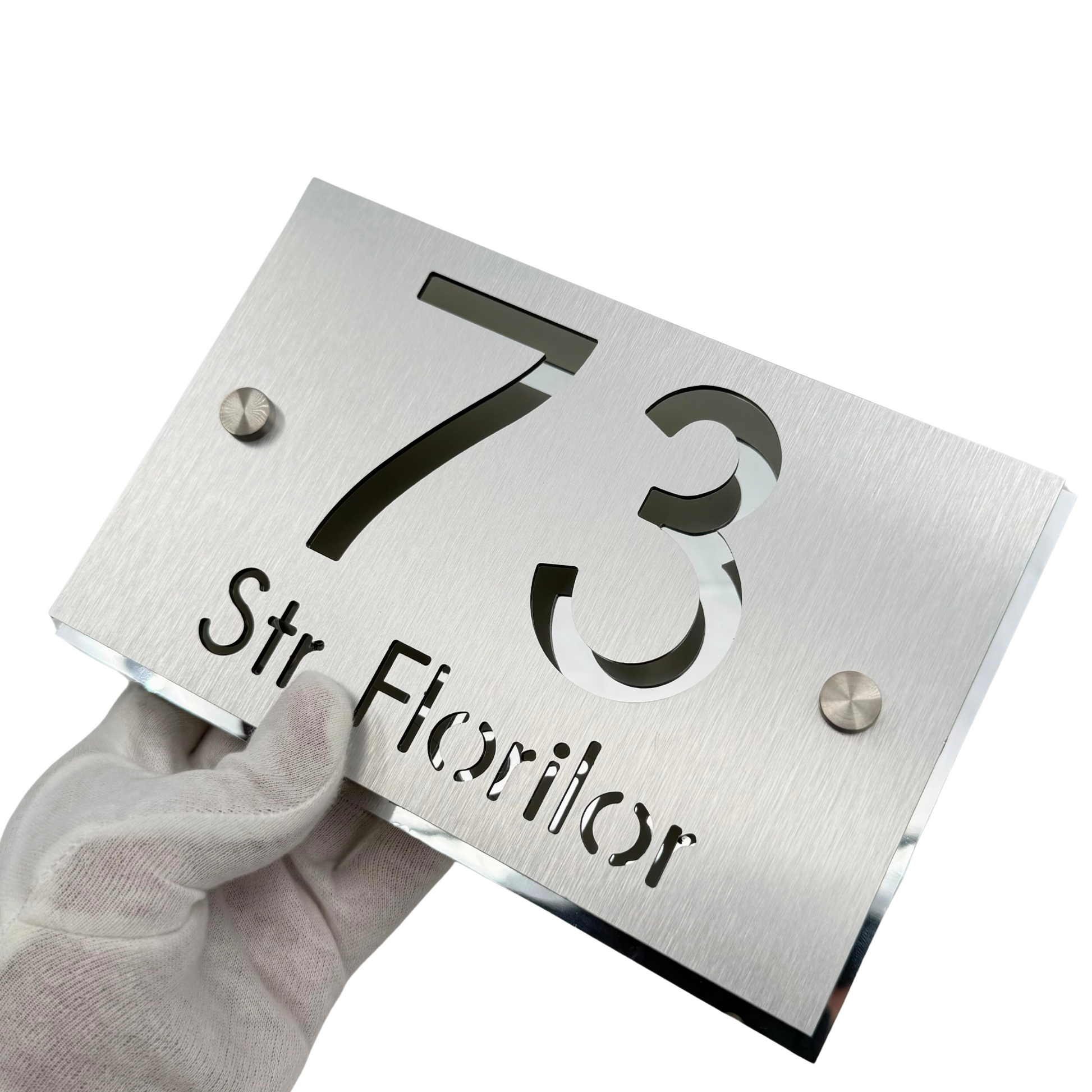 PREMIUM HOUSE NUMBER - Aluminium Pearly Aluminium Silver Mirror 2 Spacers Silver - 20×13 cm