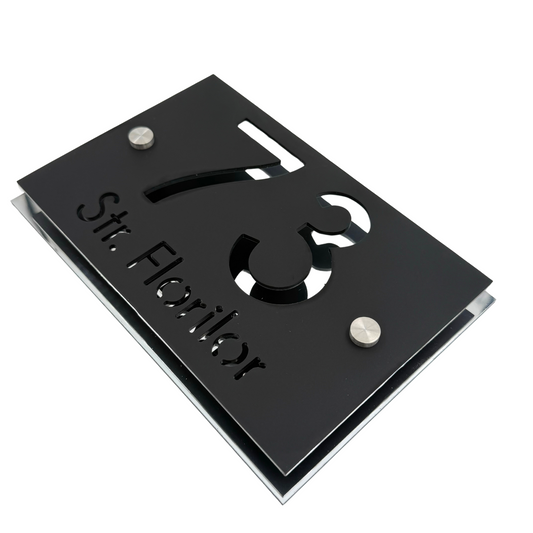 PREMIUM HOUSE NUMBER - Satin Black Aluminium Silver Mirror 2 Spacers Silver - 20×13 cm