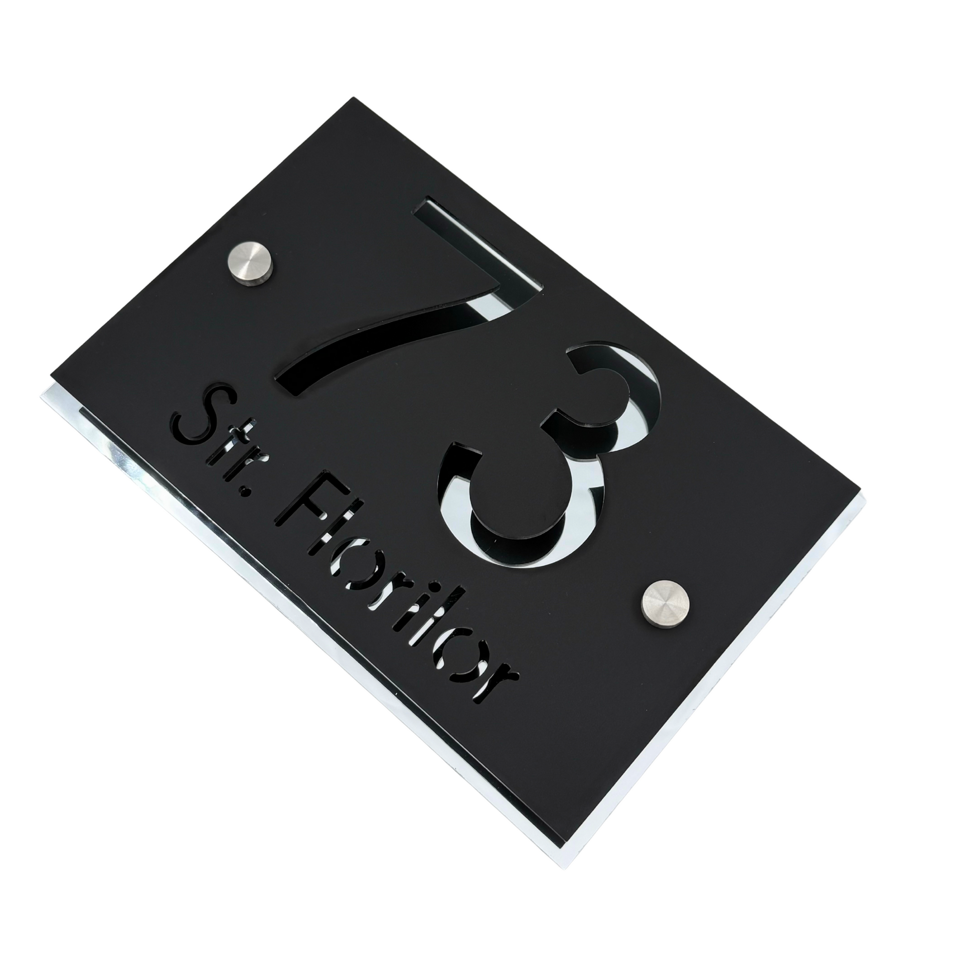PREMIUM HOUSE NUMBER - Satin Black Aluminium Silver Mirror 2 Spacers Silver - 20×13 cm