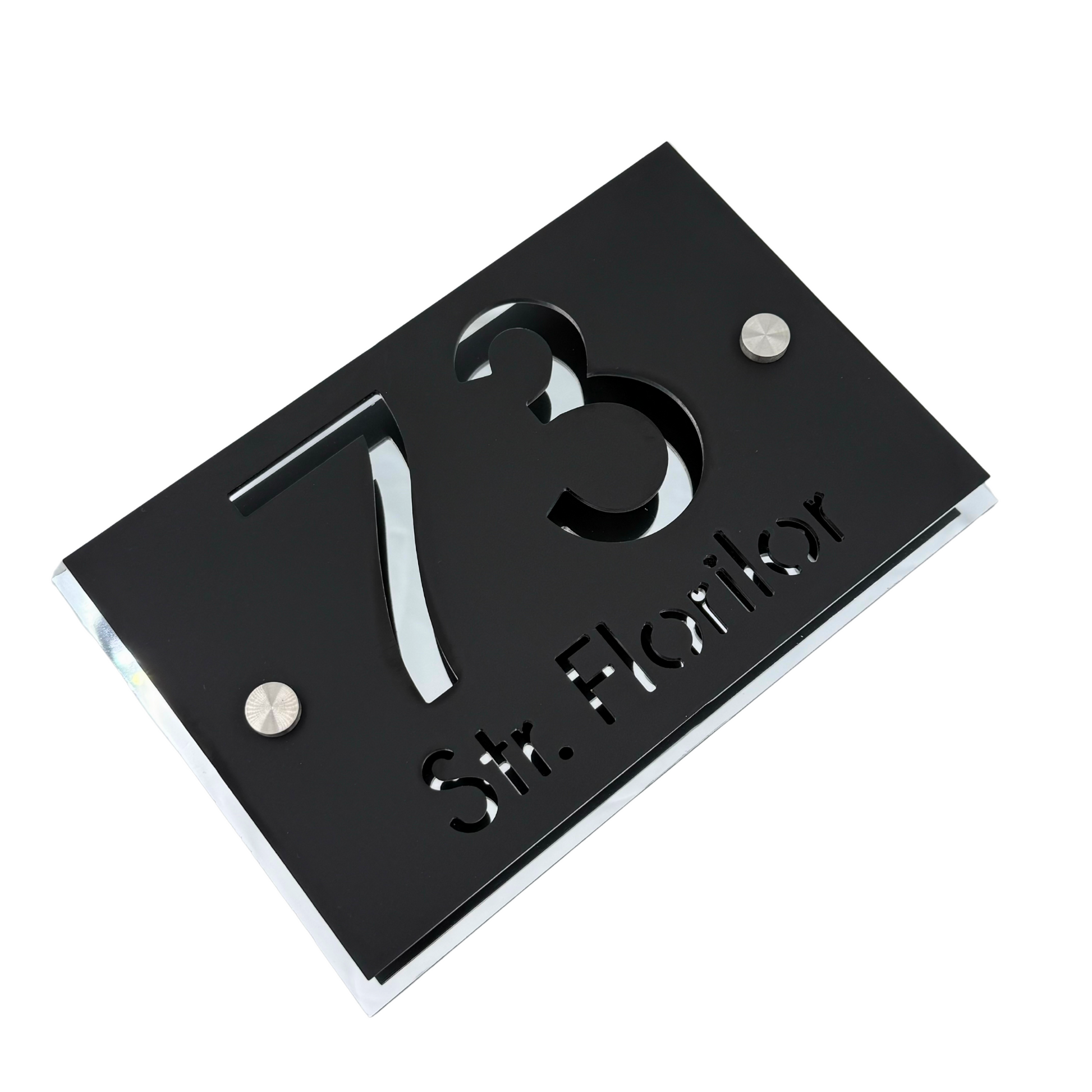 PREMIUM HOUSE NUMBER - Satin Black Aluminium Silver Mirror 2 Spacers Silver - 20×13 cm
