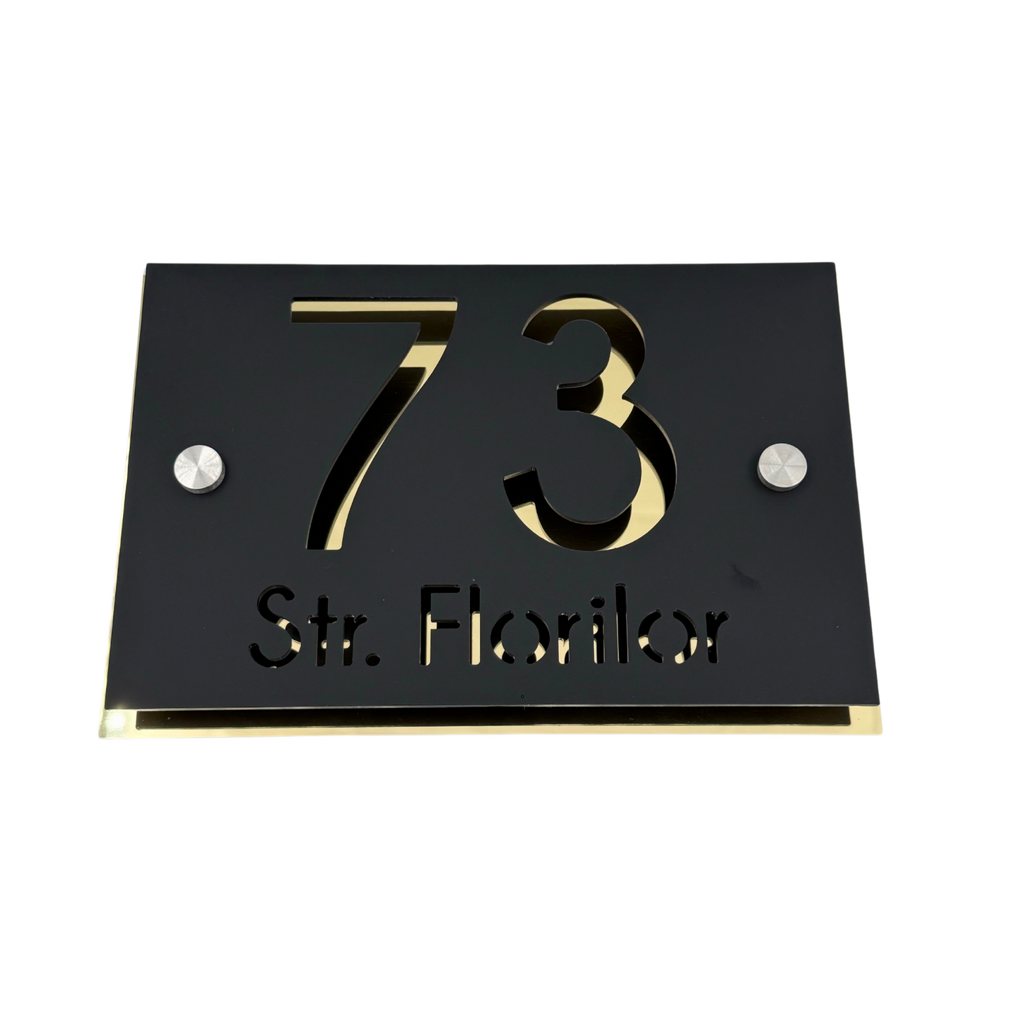 PREMIUM HOUSE NUMBER - Satin Black Aluminium Gold Mirror 2 Spacers Silver - 20×13 cm