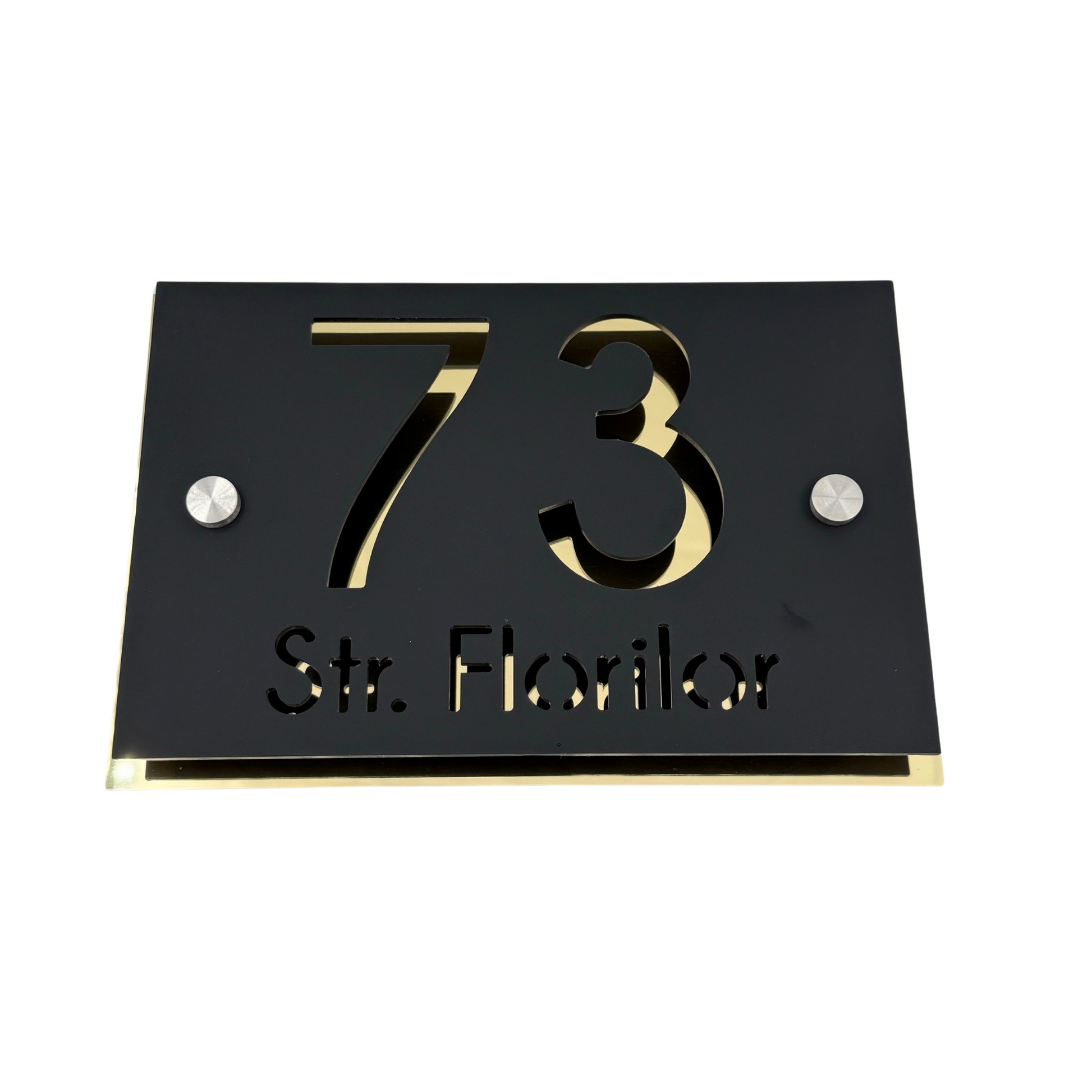 PREMIUM HOUSE NUMBER - Satin Black Aluminium Gold Mirror 2 Spacers Silver - 20×13 cm