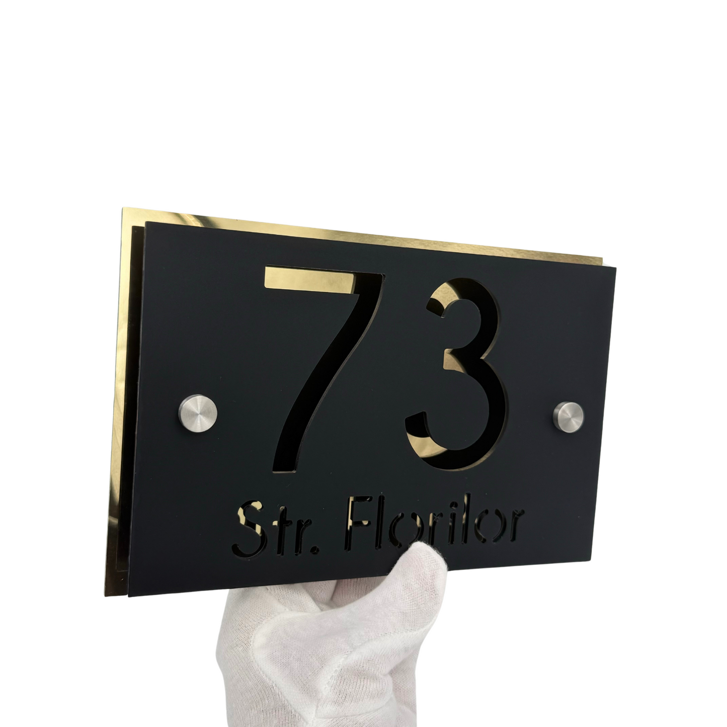 PREMIUM HOUSE NUMBER - Satin Black Aluminium Gold Mirror 2 Spacers Silver - 20×13 cm