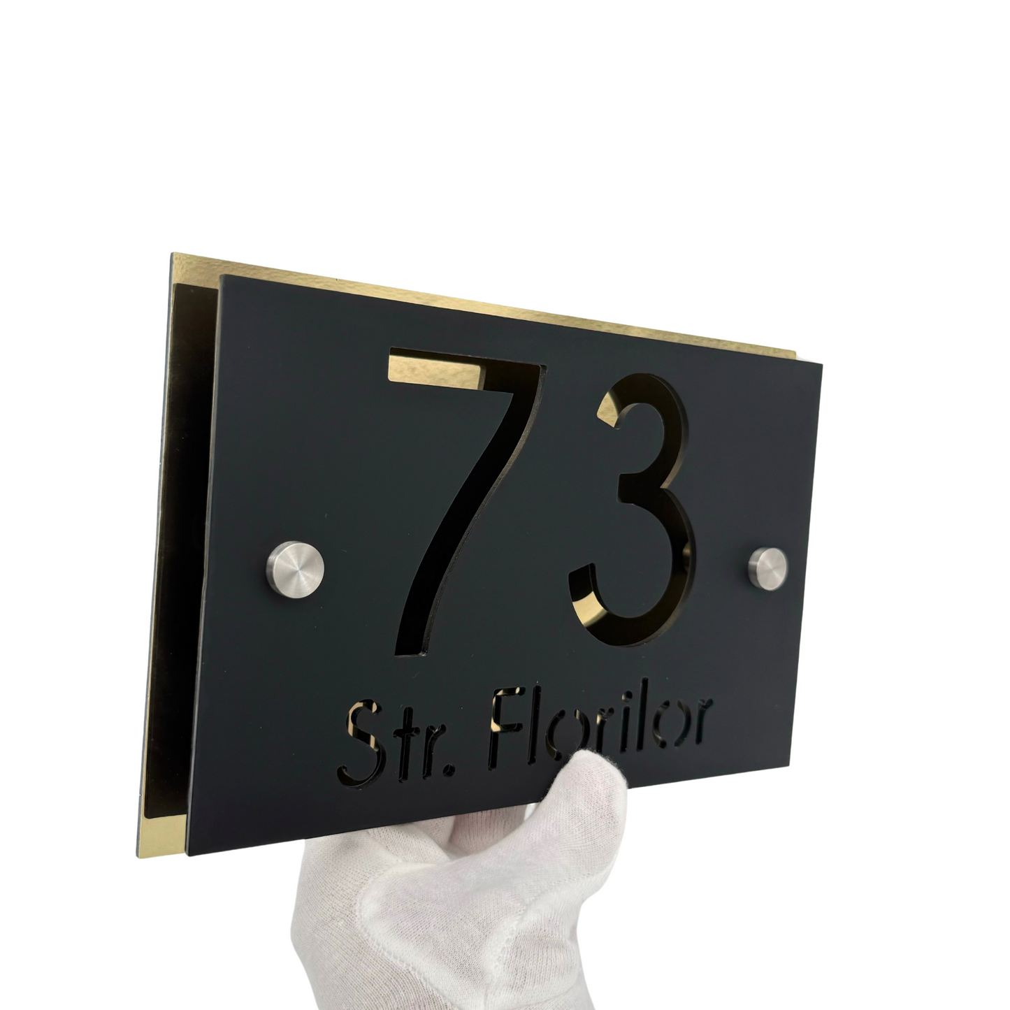 PREMIUM HOUSE NUMBER - Satin Black Aluminium Gold Mirror 2 Spacers Silver - 20×13 cm