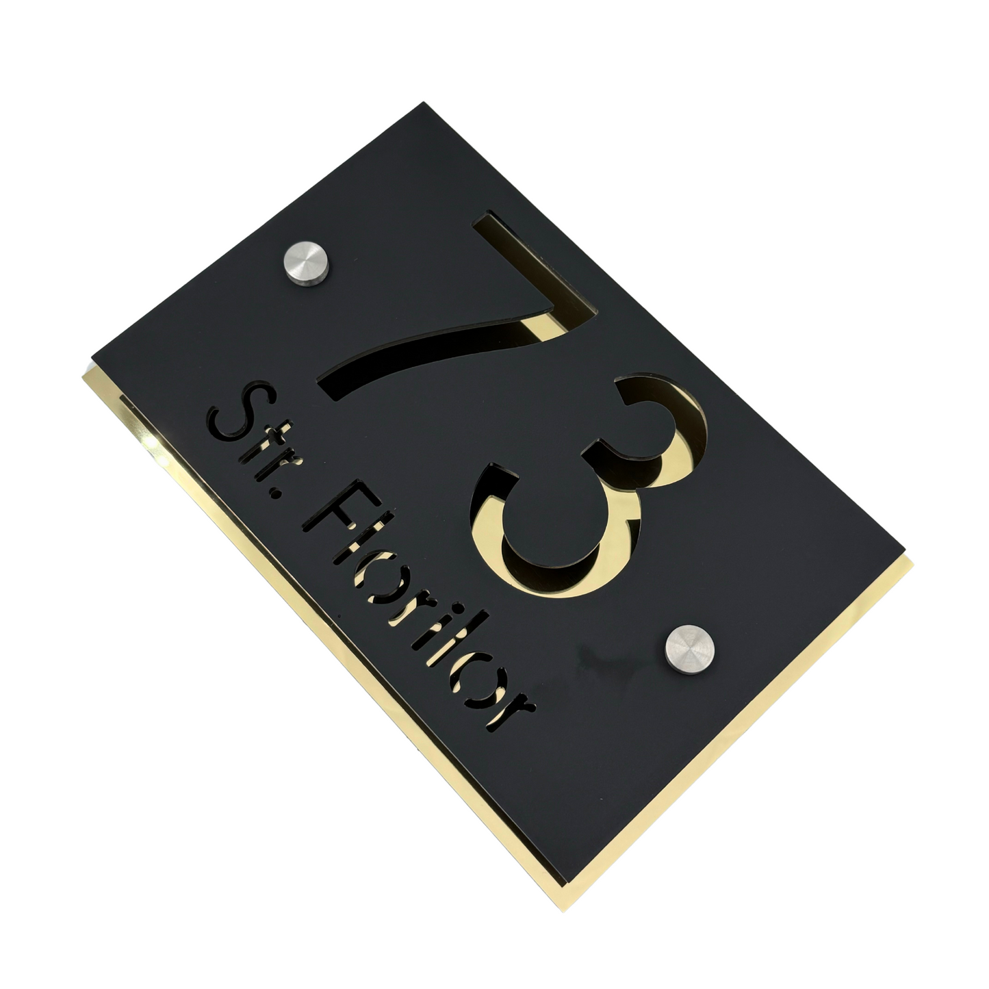 PREMIUM HOUSE NUMBER - Satin Black Aluminium Gold Mirror 2 Spacers Silver - 20×13 cm