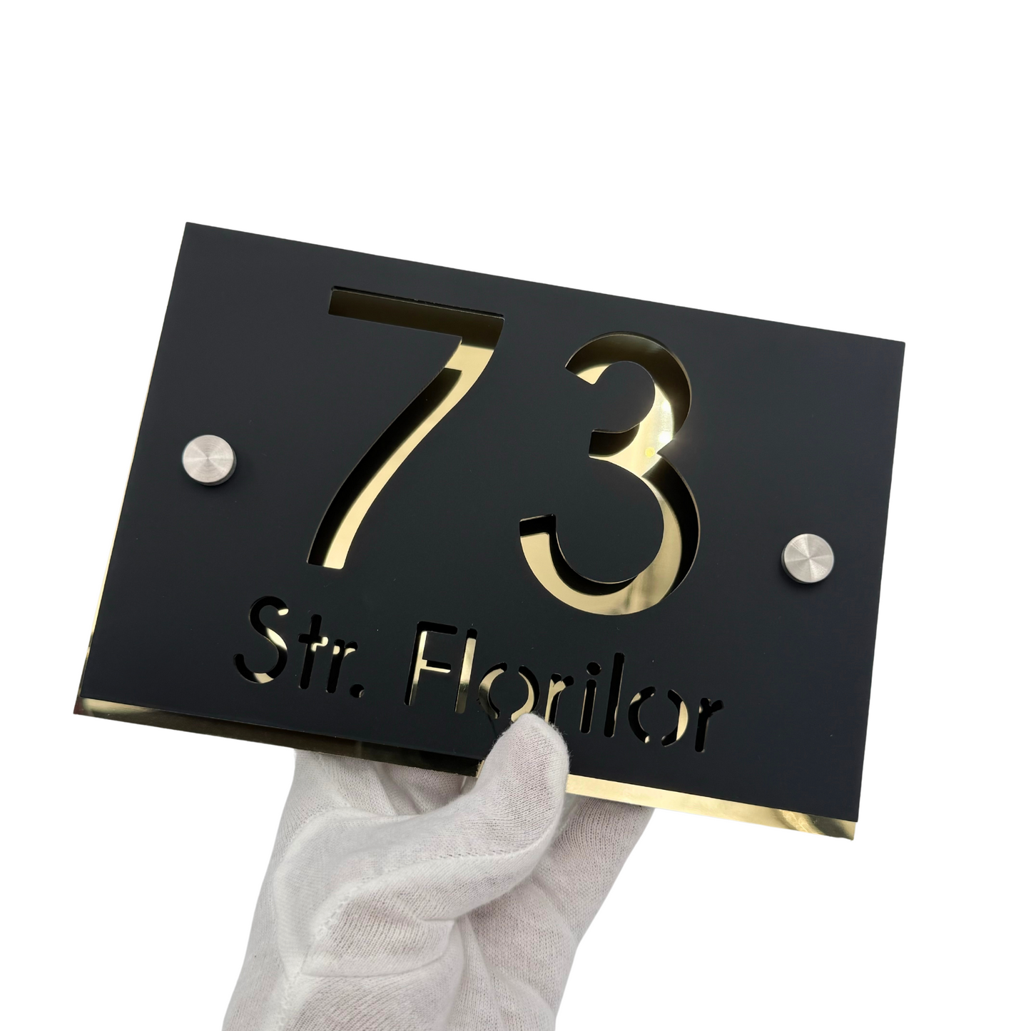 PREMIUM HOUSE NUMBER - Satin Black Aluminium Gold Mirror 2 Spacers Silver - 20×13 cm