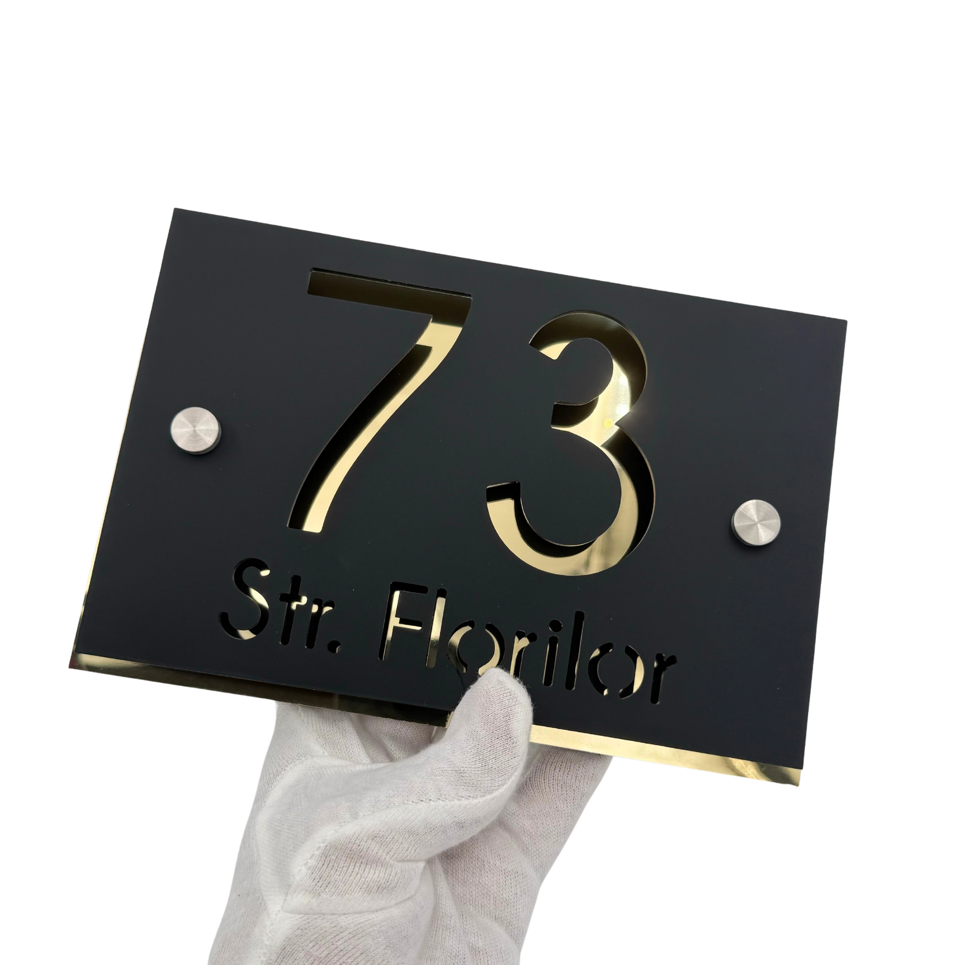 PREMIUM HOUSE NUMBER - Satin Black Aluminium Gold Mirror 2 Spacers Silver - 20×13 cm