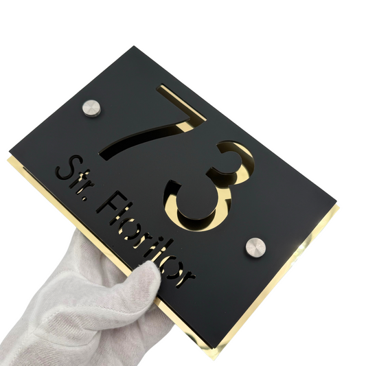 PREMIUM HOUSE NUMBER - Satin Black Aluminium Gold Mirror 2 Spacers Silver - 20×13 cm