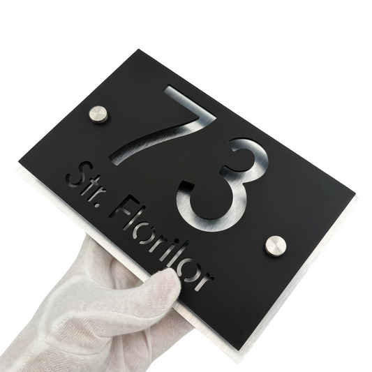 PREMIUM HOUSE NUMBER - Satin Black Aluminium Pearly 2 Spacers Silver - 20×13 cm