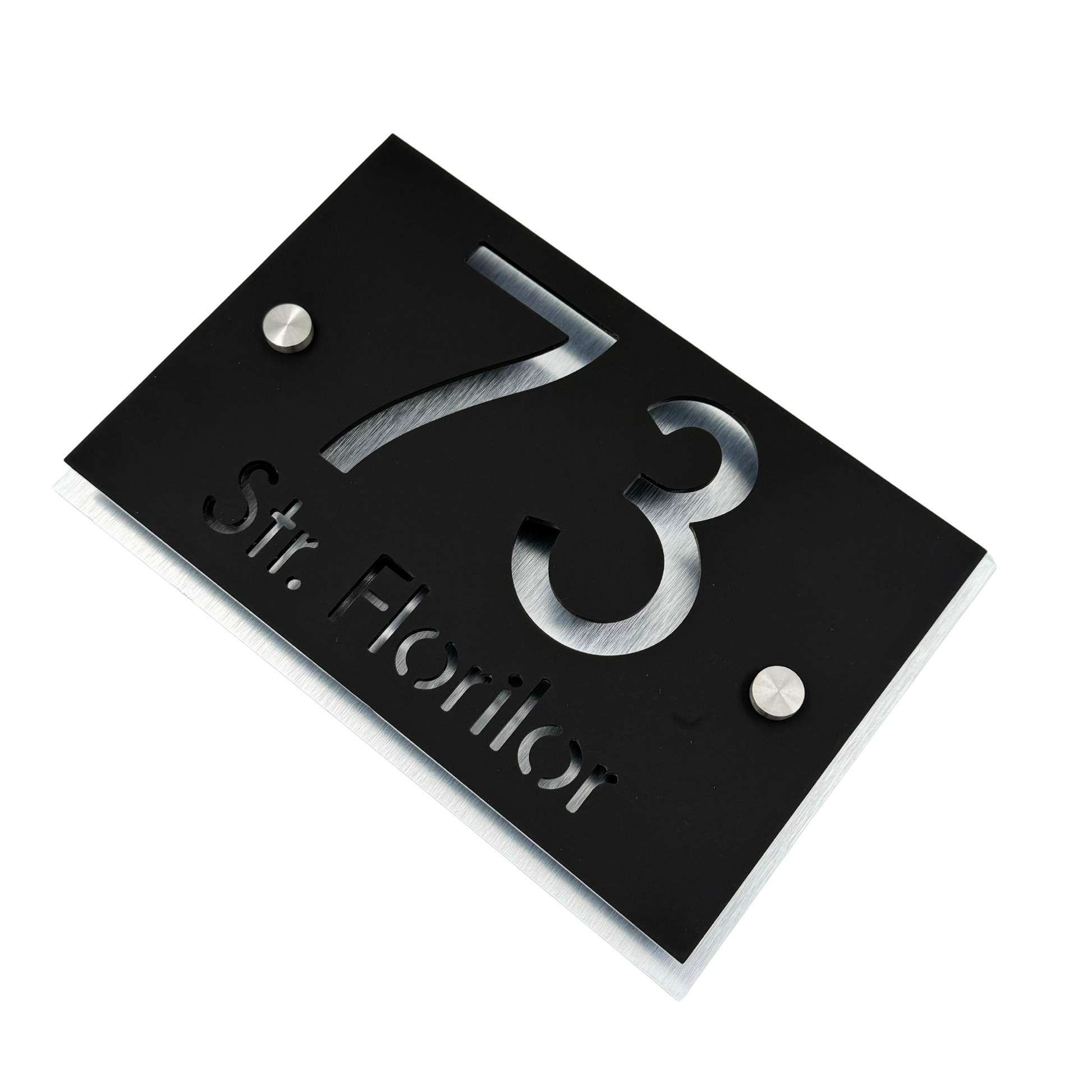 PREMIUM HOUSE NUMBER - Satin Black Aluminium Pearly 2 Spacers Silver - 20×13 cm