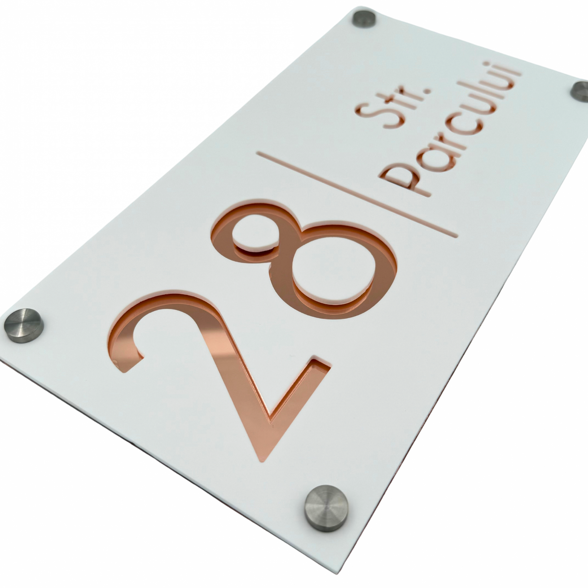 PREMIUM HOUSE NUMBER - White Satin Rose Gold Mirror 4 Spacers Silver - 28×15 cm