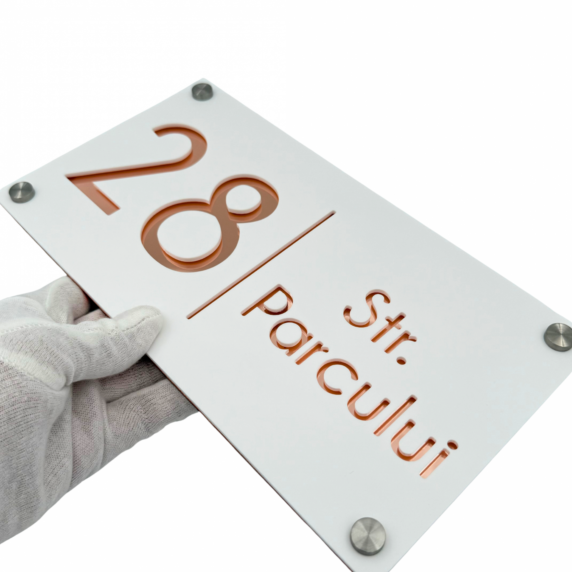 PREMIUM HOUSE NUMBER - White Satin Rose Gold Mirror 4 Spacers Silver - 28×15 cm