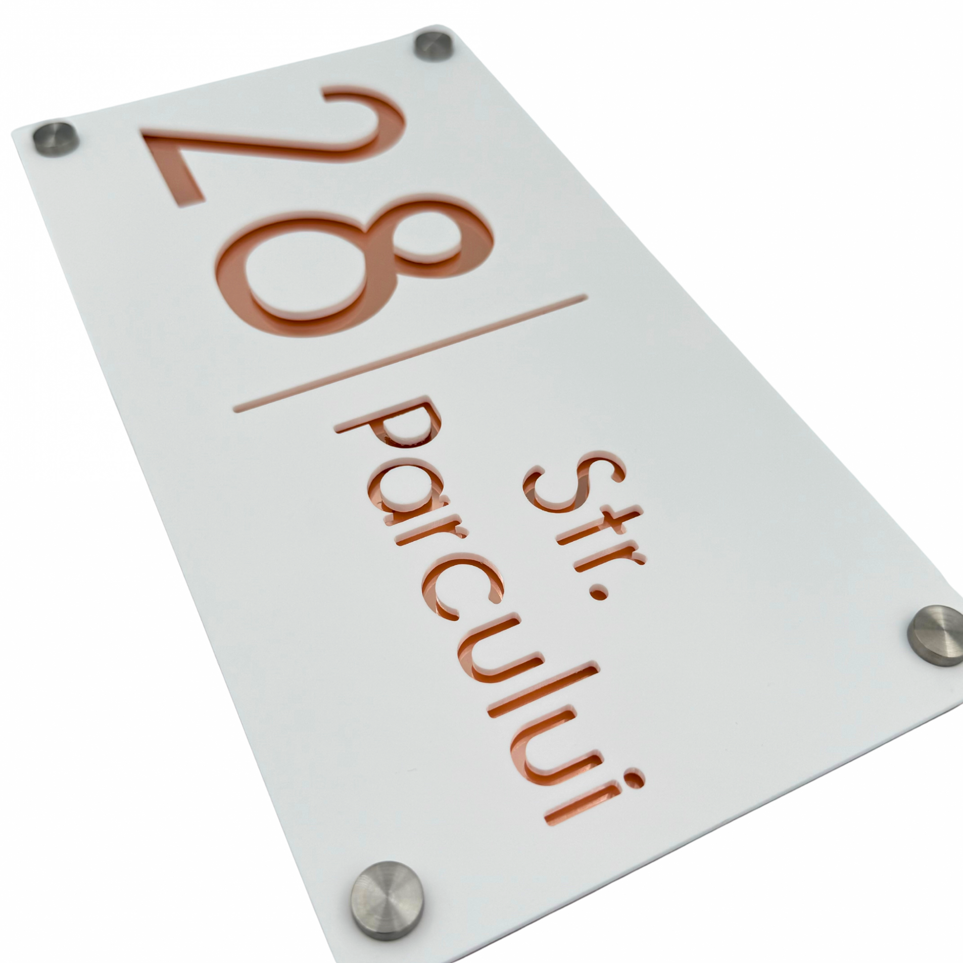 PREMIUM HOUSE NUMBER - White Satin Rose Gold Mirror 4 Spacers Silver - 28×15 cm