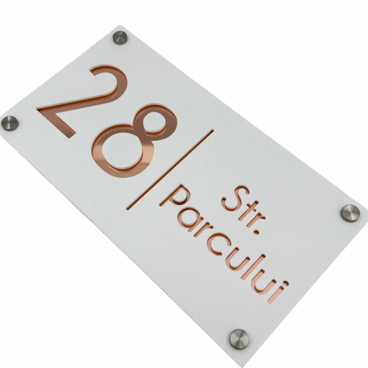 PREMIUM HOUSE NUMBER - White Satin Rose Gold Mirror 4 Spacers Silver - 28×15 cm
