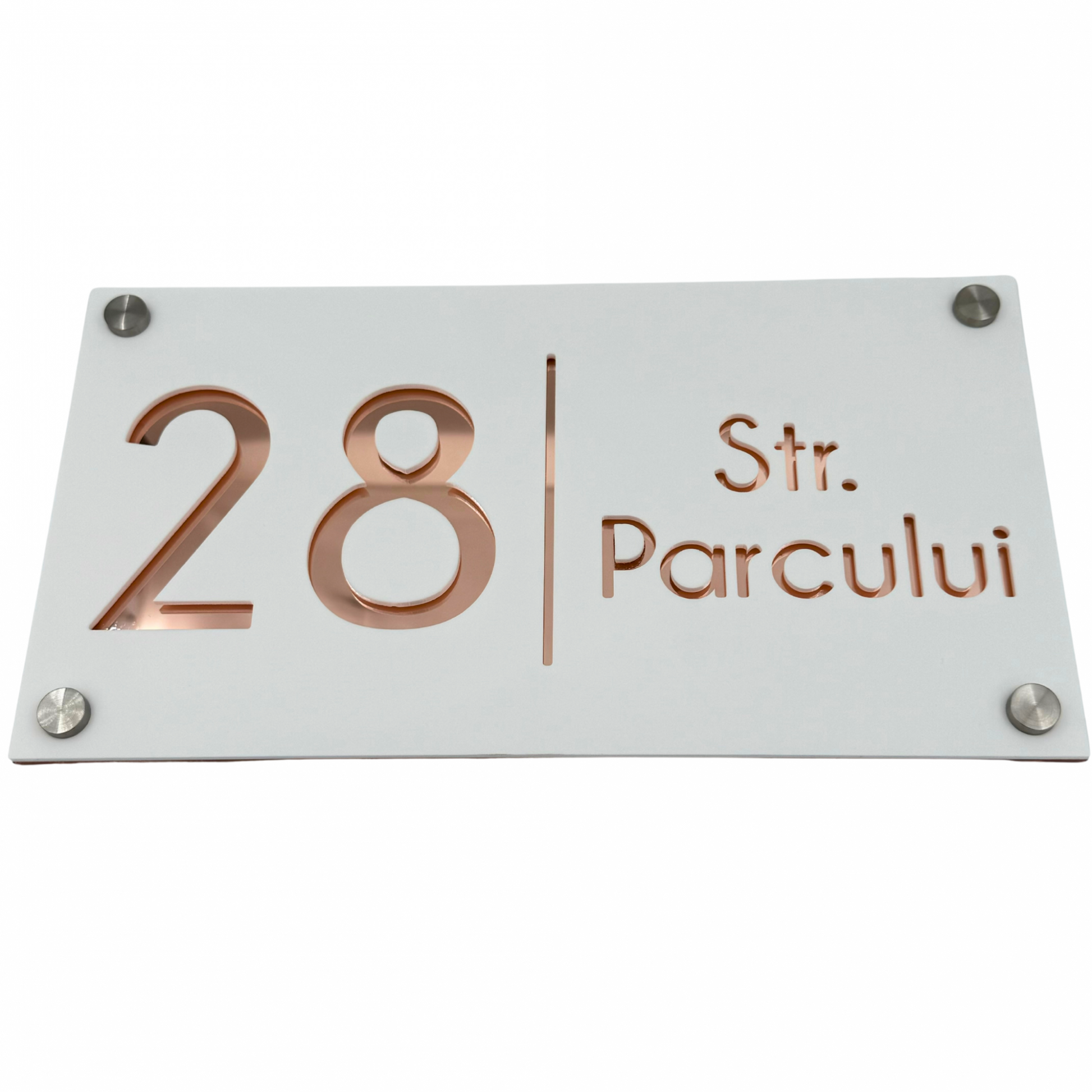 PREMIUM HOUSE NUMBER - White Satin Rose Gold Mirror 4 Spacers Silver - 28×15 cm