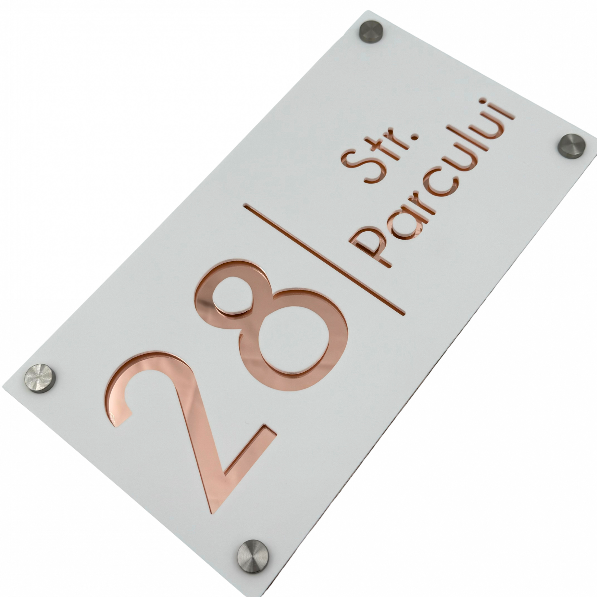 PREMIUM HOUSE NUMBER - White Satin Rose Gold Mirror 4 Spacers Silver - 28×15 cm