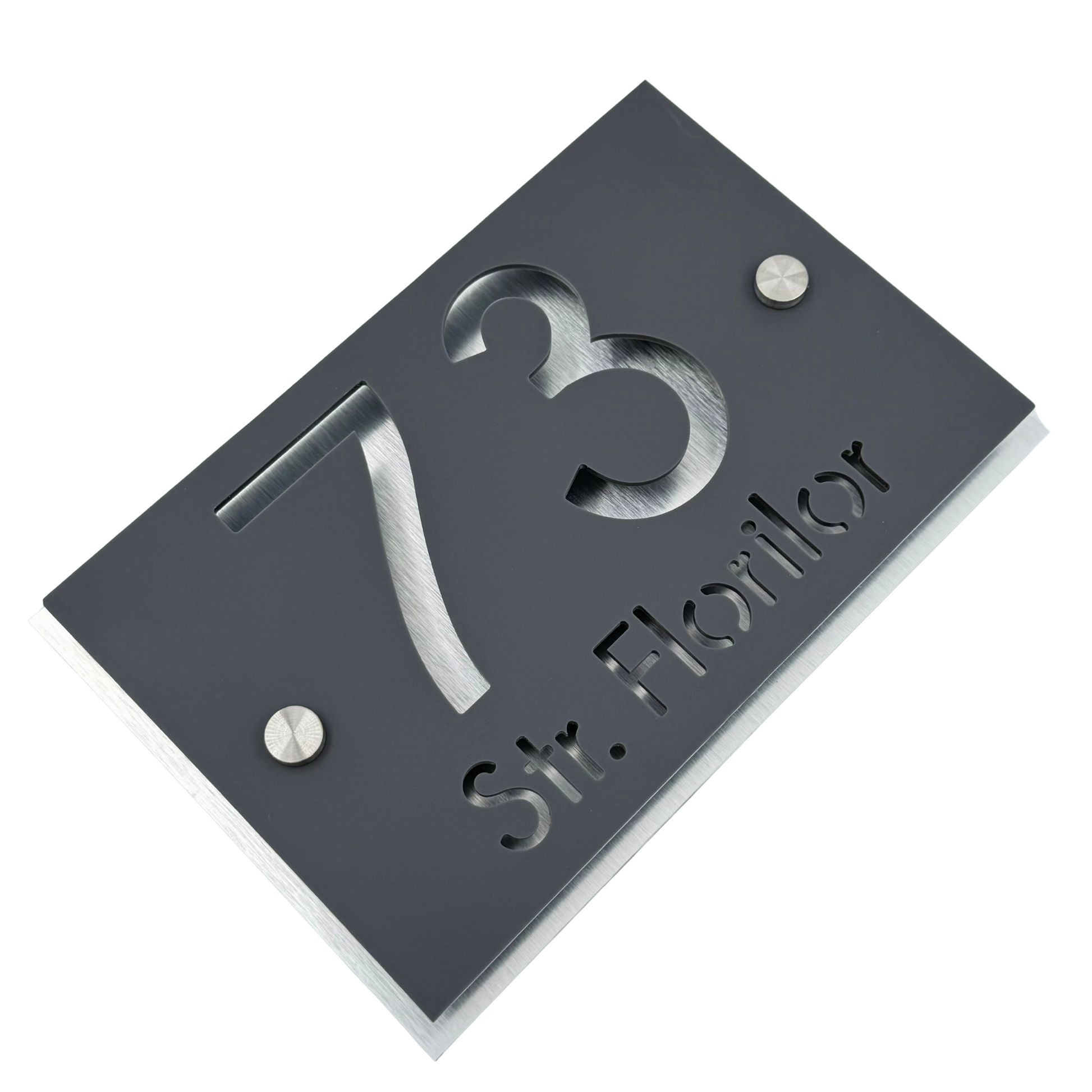 PREMIUM HOUSE NUMBER - Satin Grey Aluminium Pearly 2 Spacers Silver - 20×13 cm