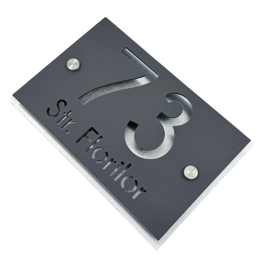 PREMIUM HOUSE NUMBER - Satin Grey Aluminium Pearly 2 Spacers Silver - 20×13 cm