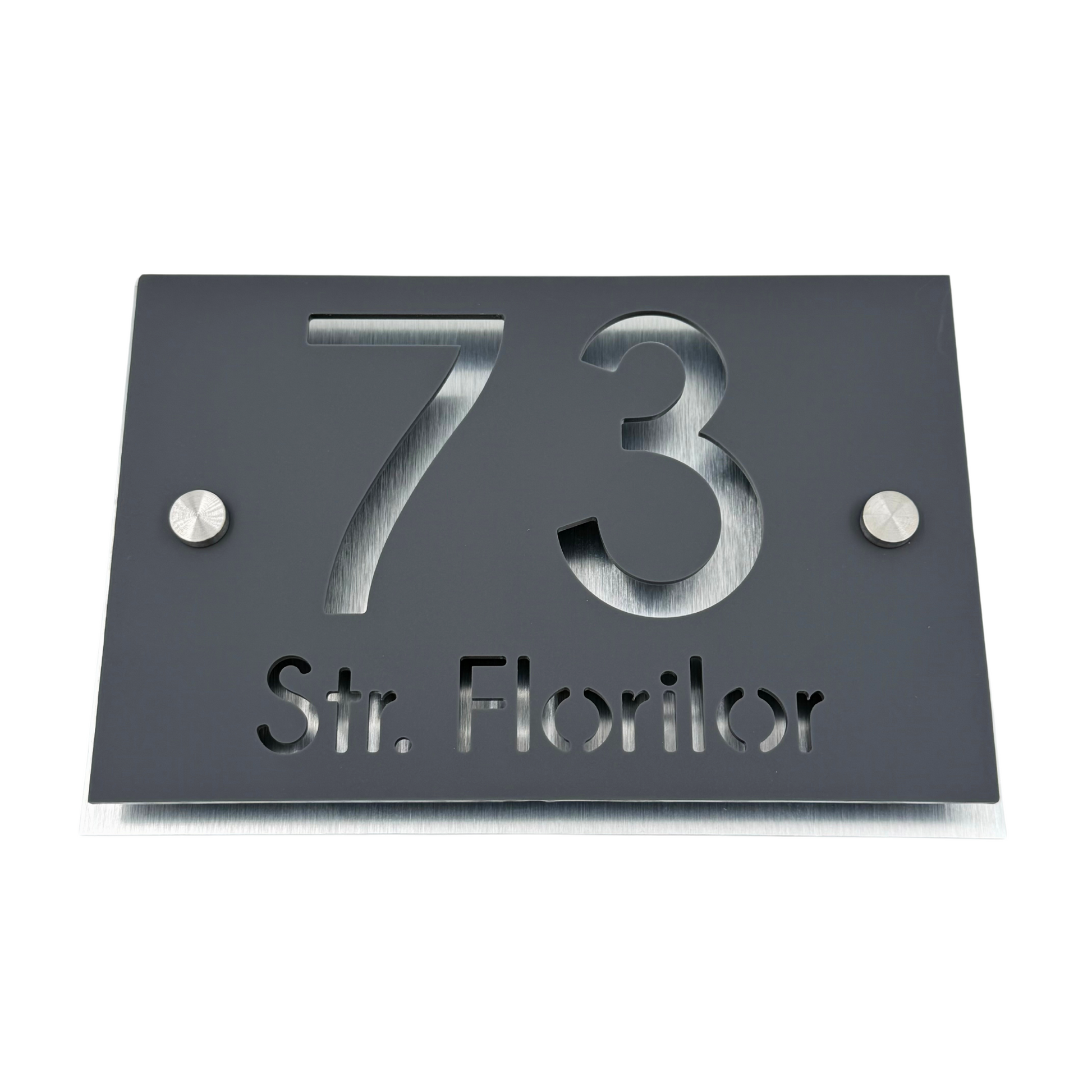 PREMIUM HOUSE NUMBER - Satin Grey Aluminium Pearly 2 Spacers Silver - 20×13 cm