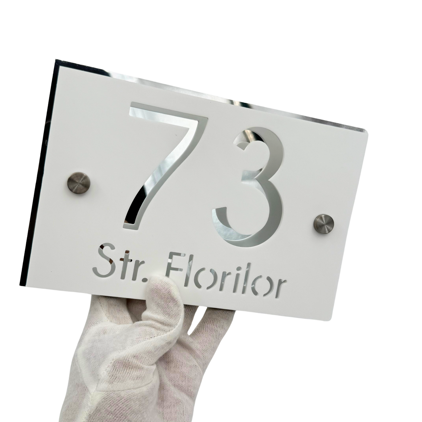 PREMIUM HOUSE NUMBER - White Satin Aluminium Silver Mirror 2 Spacers Silver - 20×13 cm