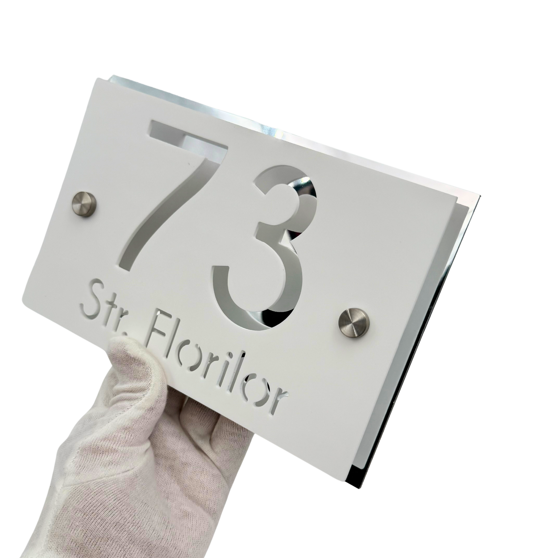 PREMIUM HOUSE NUMBER - White Satin Aluminium Silver Mirror 2 Spacers Silver - 20×13 cm