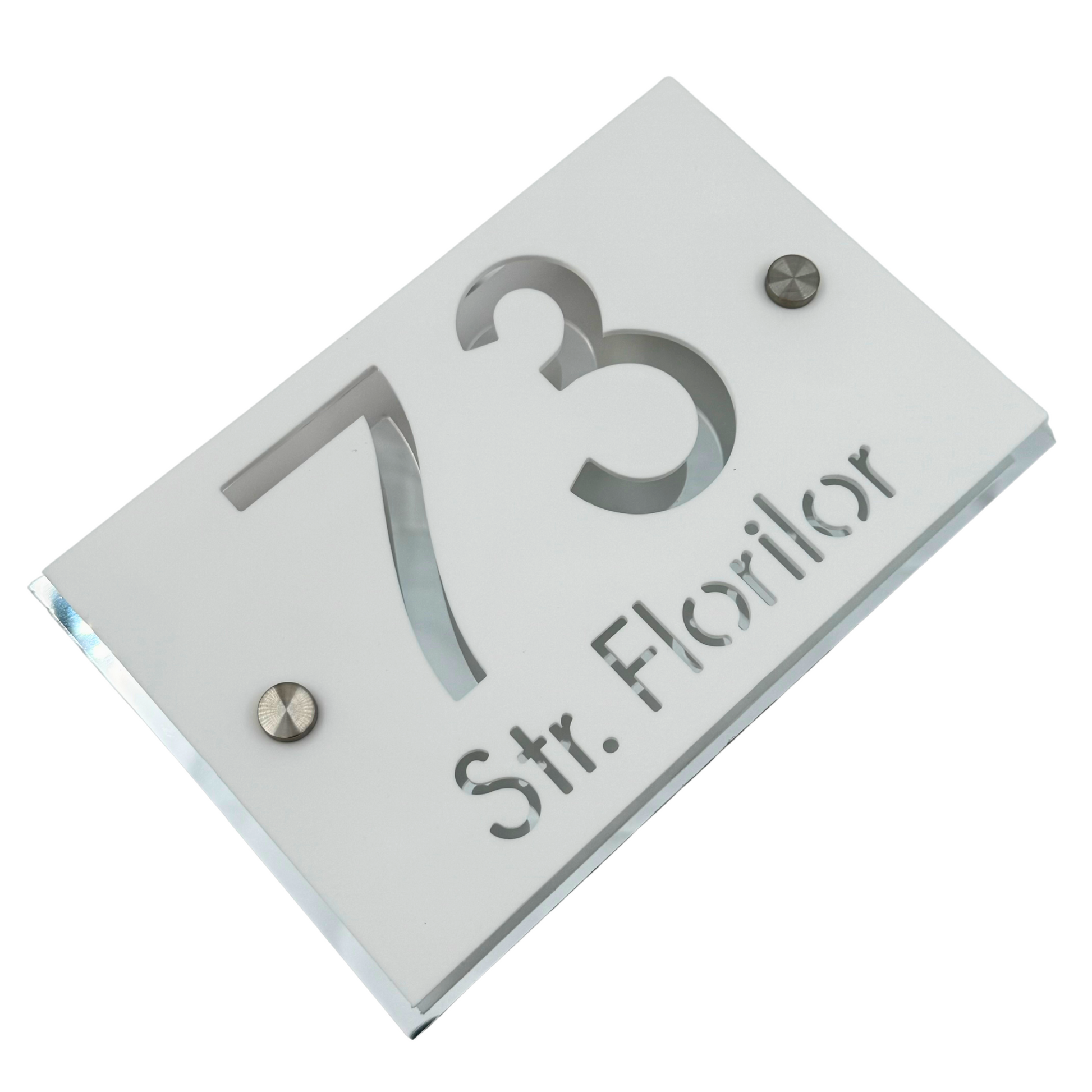 PREMIUM HOUSE NUMBER - White Satin Aluminium Silver Mirror 2 Spacers Silver - 20×13 cm